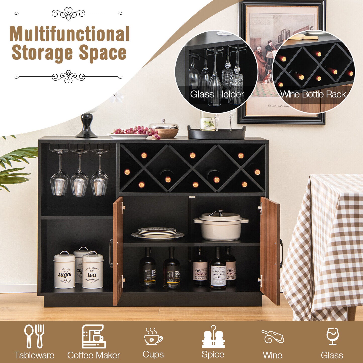 Industrial Style Sideboard Cabinet with Removable Wine Rack and Glass Holder Storage