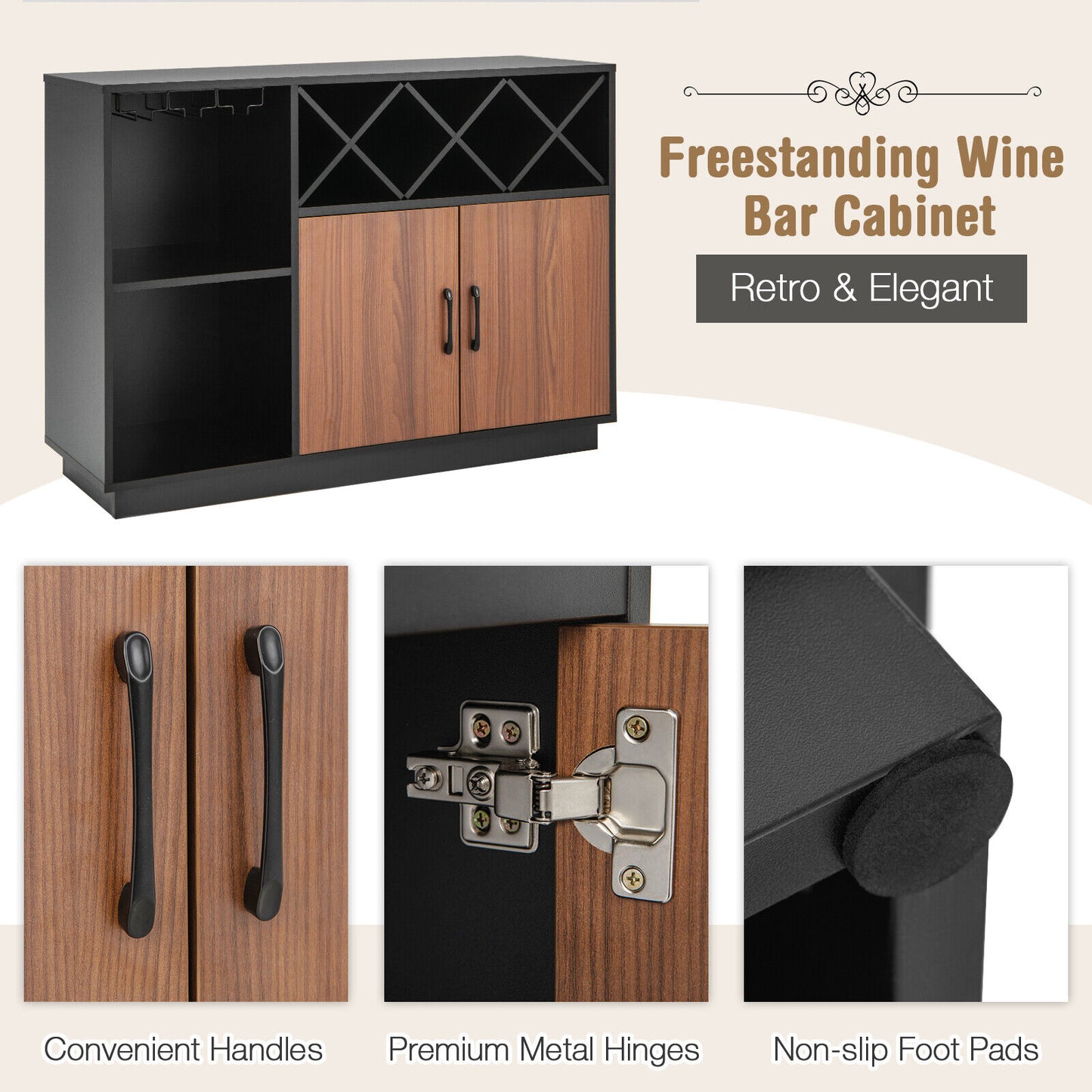Industrial Style Sideboard Cabinet with Removable Wine Rack and Glass Holder Storage