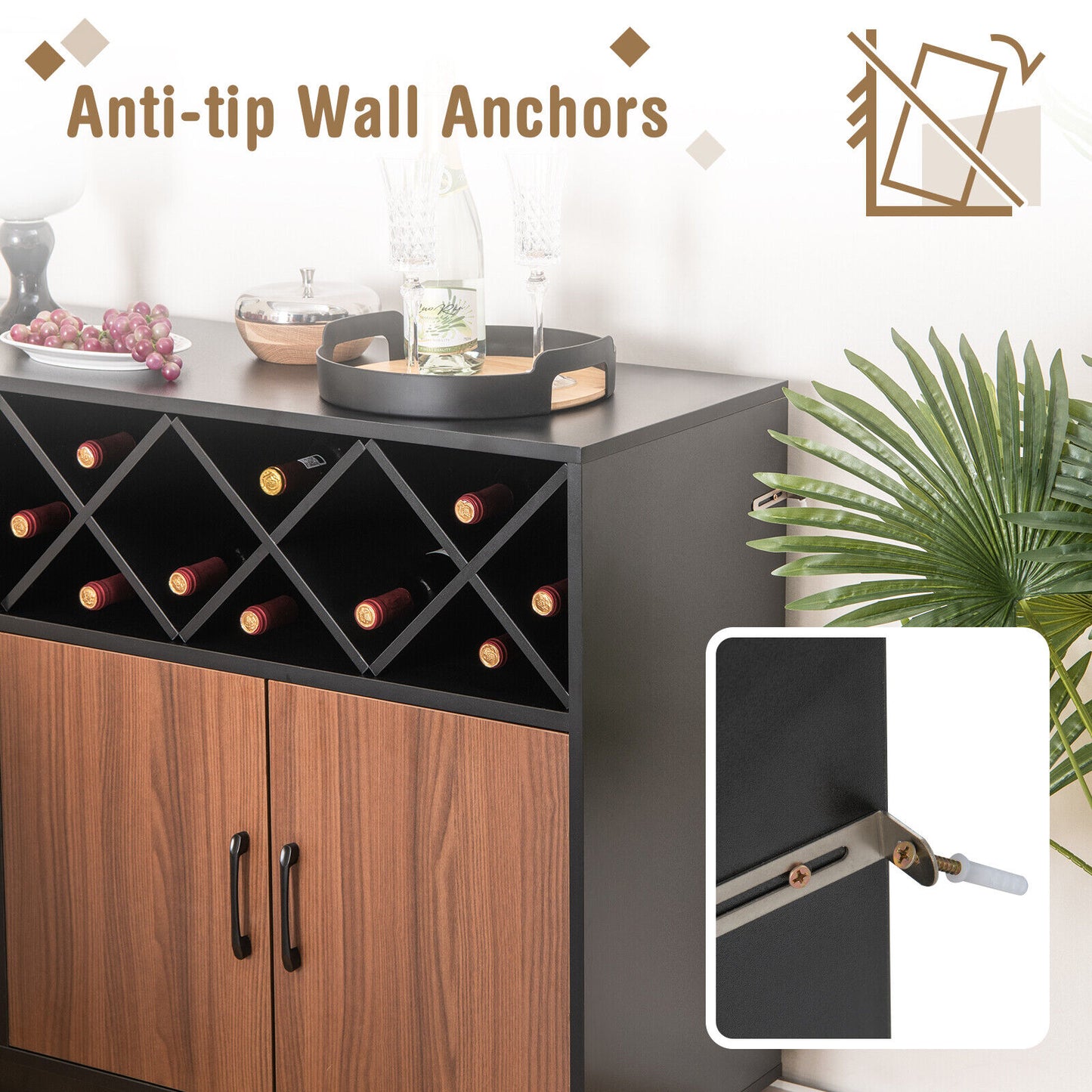 Industrial Style Sideboard Cabinet with Removable Wine Rack and Glass Holder Storage