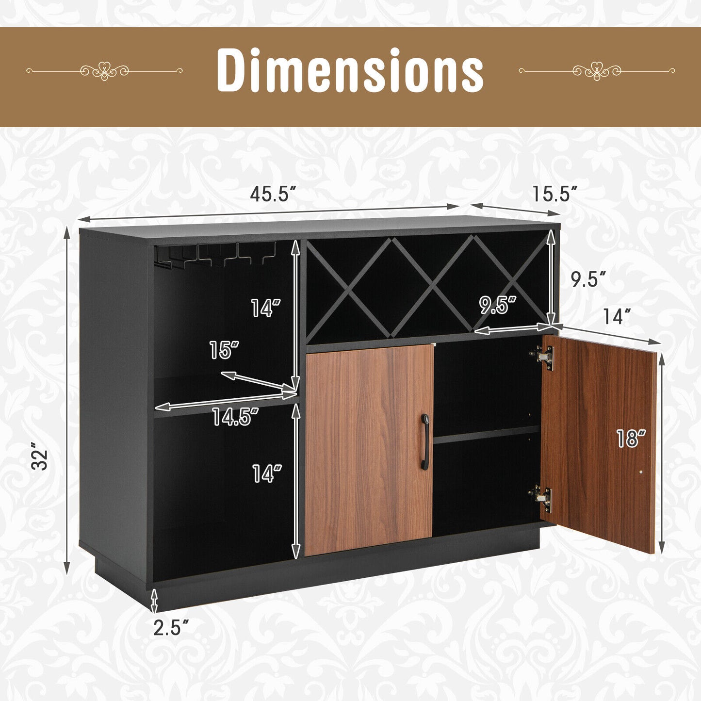 Industrial Style Sideboard Cabinet with Removable Wine Rack and Glass Holder Storage