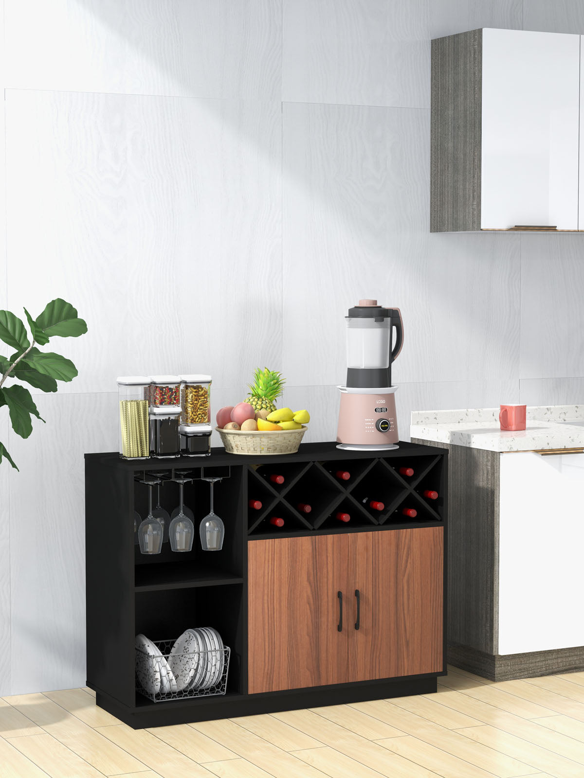 Industrial Style Sideboard Cabinet with Removable Wine Rack and Glass Holder Storage