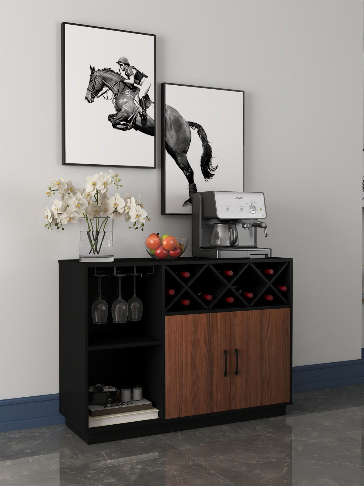 Industrial Style Sideboard Cabinet with Removable Wine Rack and Glass Holder Storage