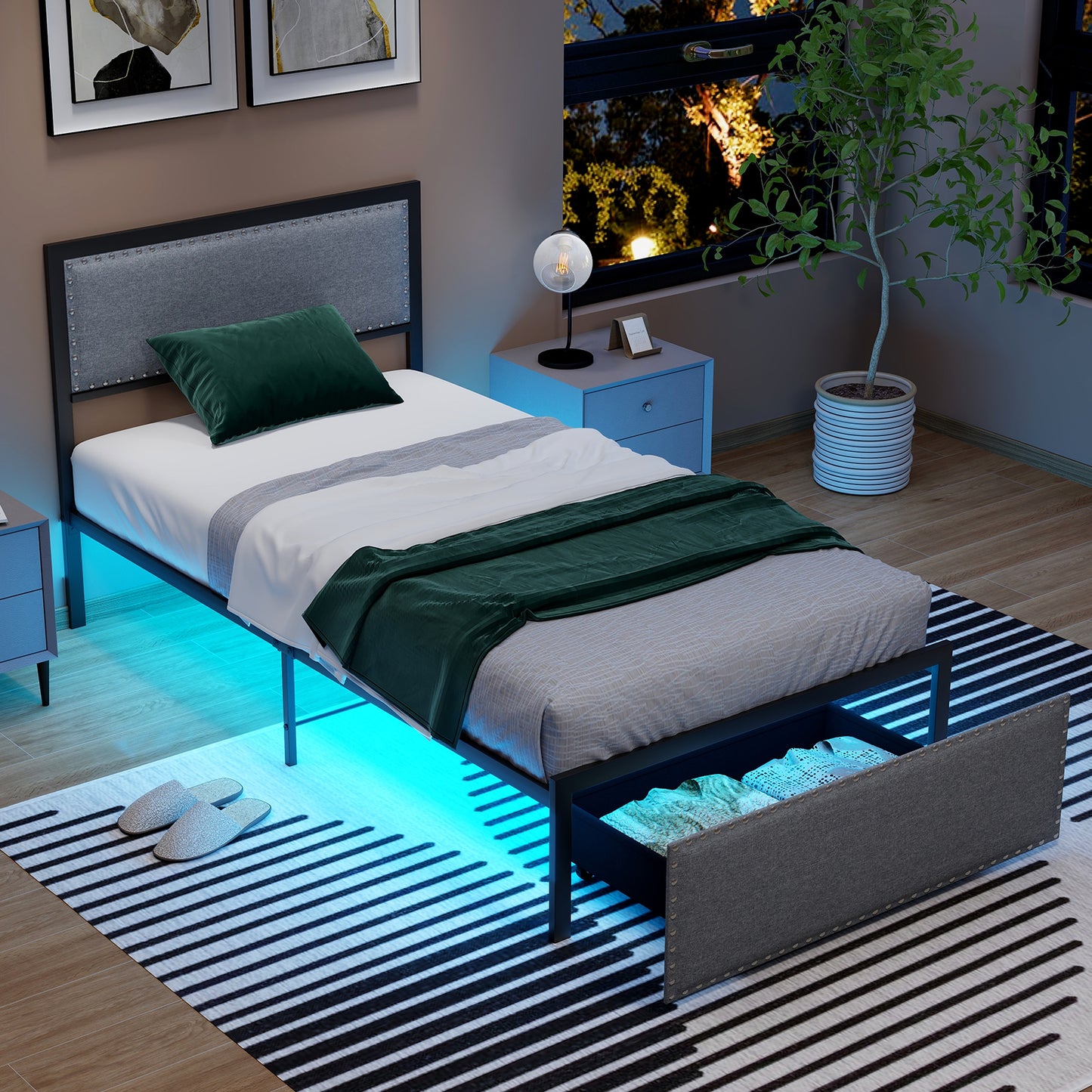LED Light Bed Frame with Storage Drawer and Metal Slats - Twin Size