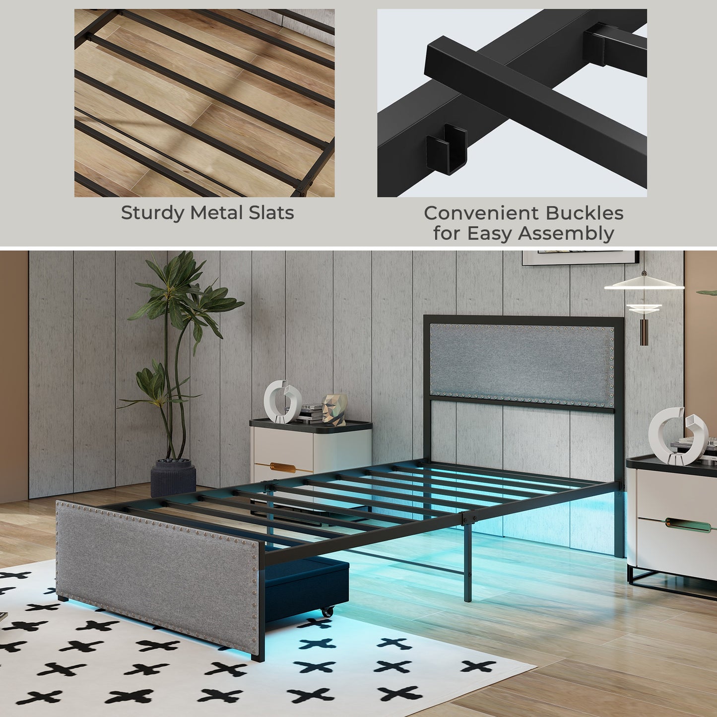 LED Light Bed Frame with Storage Drawer and Metal Slats - Twin Size