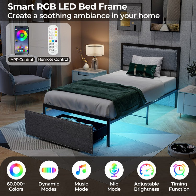 LED Light Bed Frame with Storage Drawer and Metal Slats - Twin Size