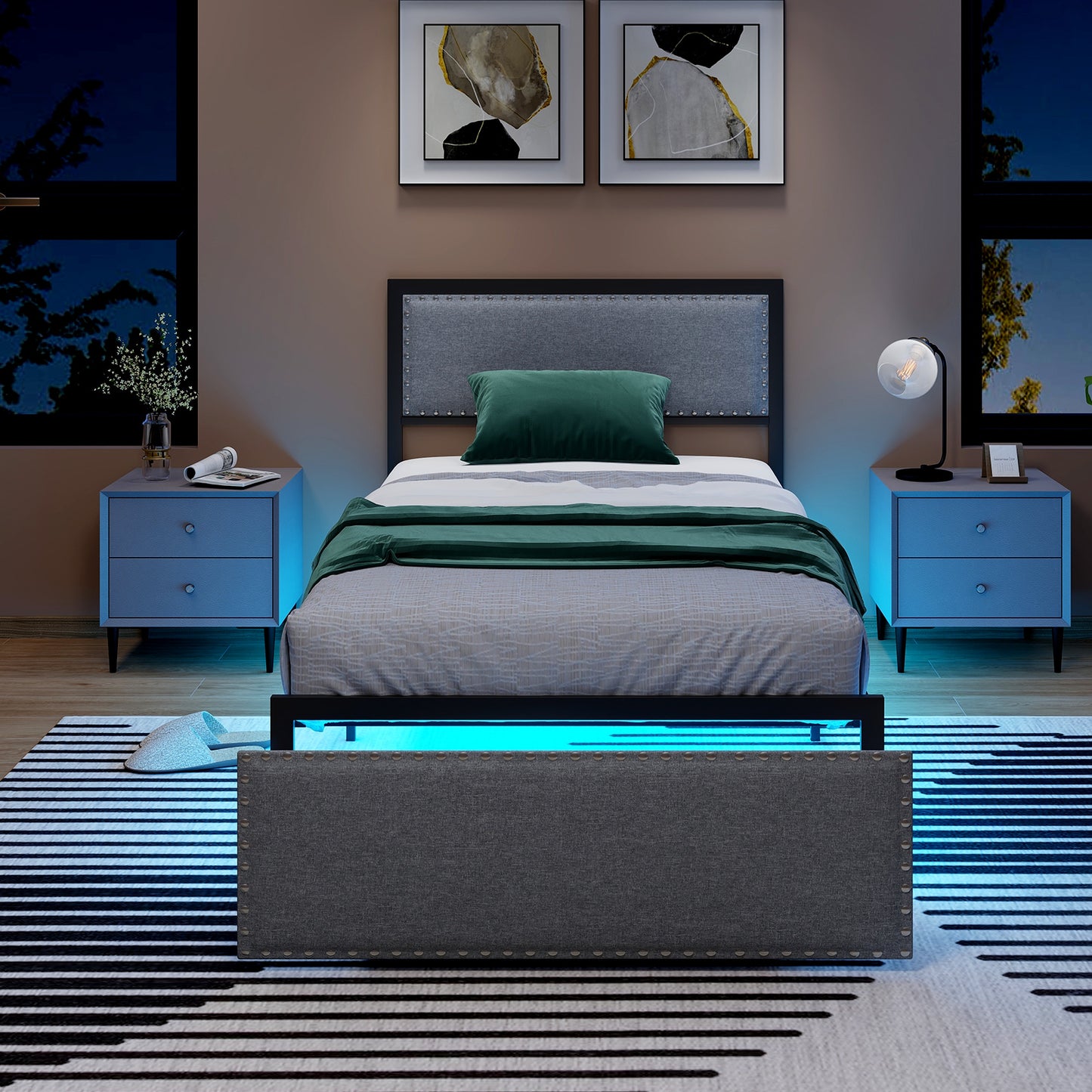 LED Light Bed Frame with Storage Drawer and Metal Slats - Twin Size