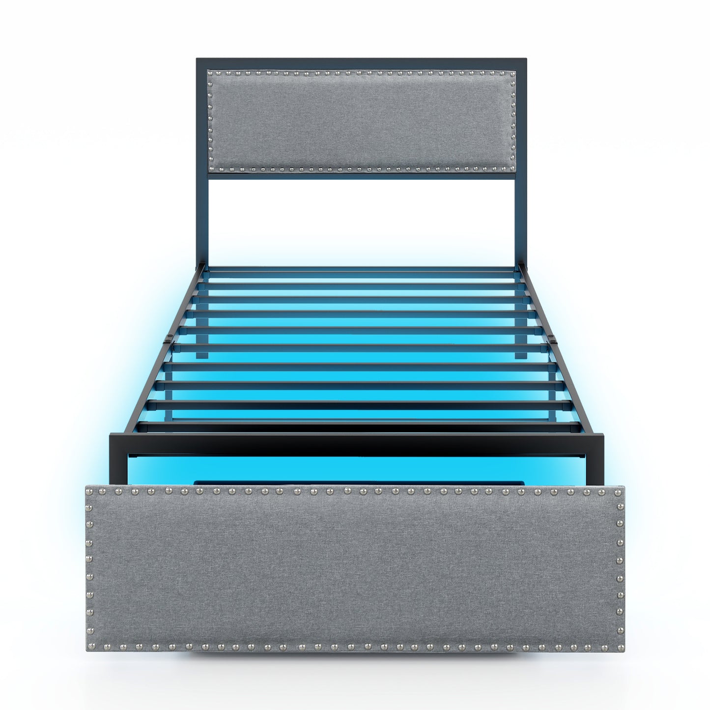 LED Light Bed Frame with Storage Drawer and Metal Slats - Twin Size