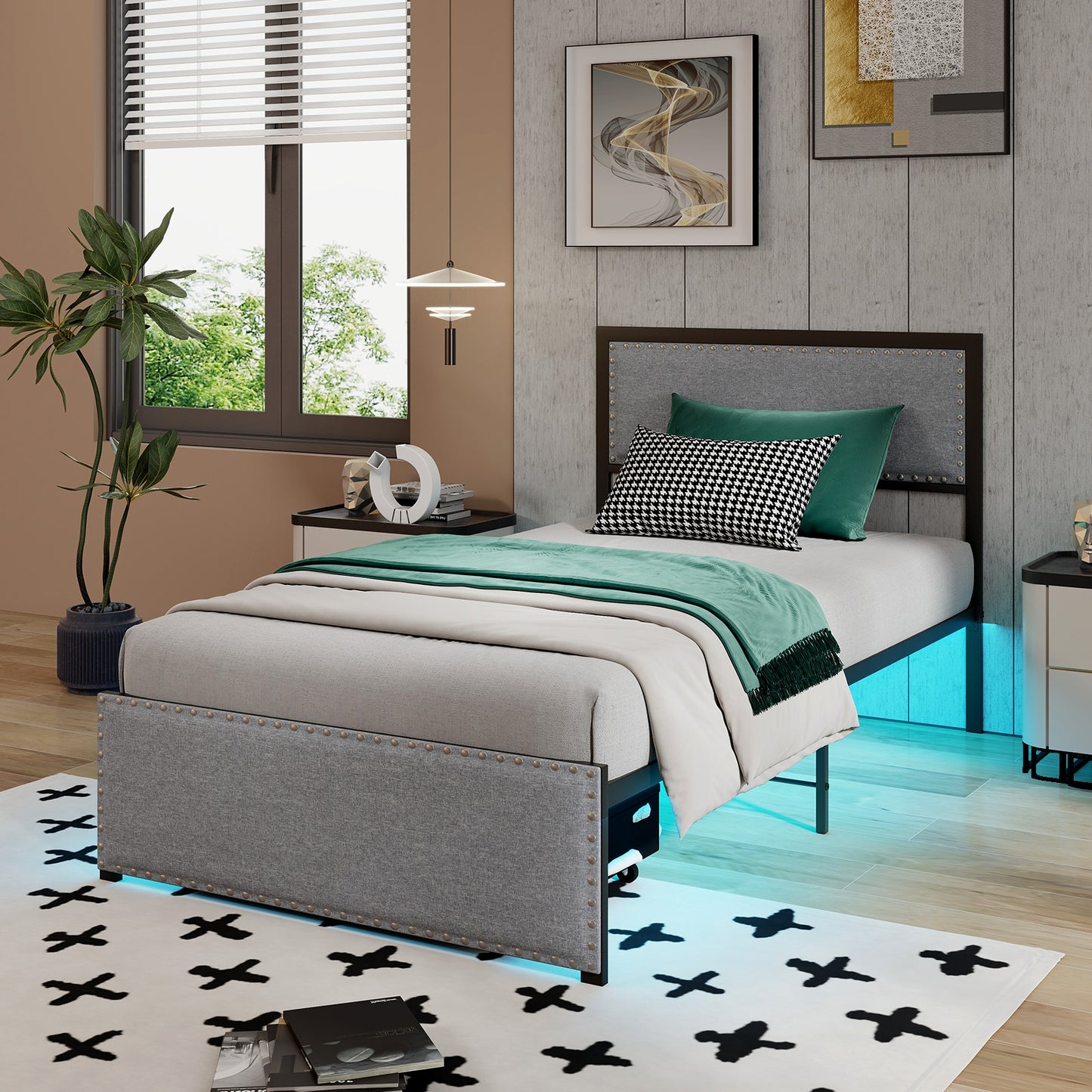 LED Light Bed Frame with Storage Drawer and Metal Slats - Twin Size