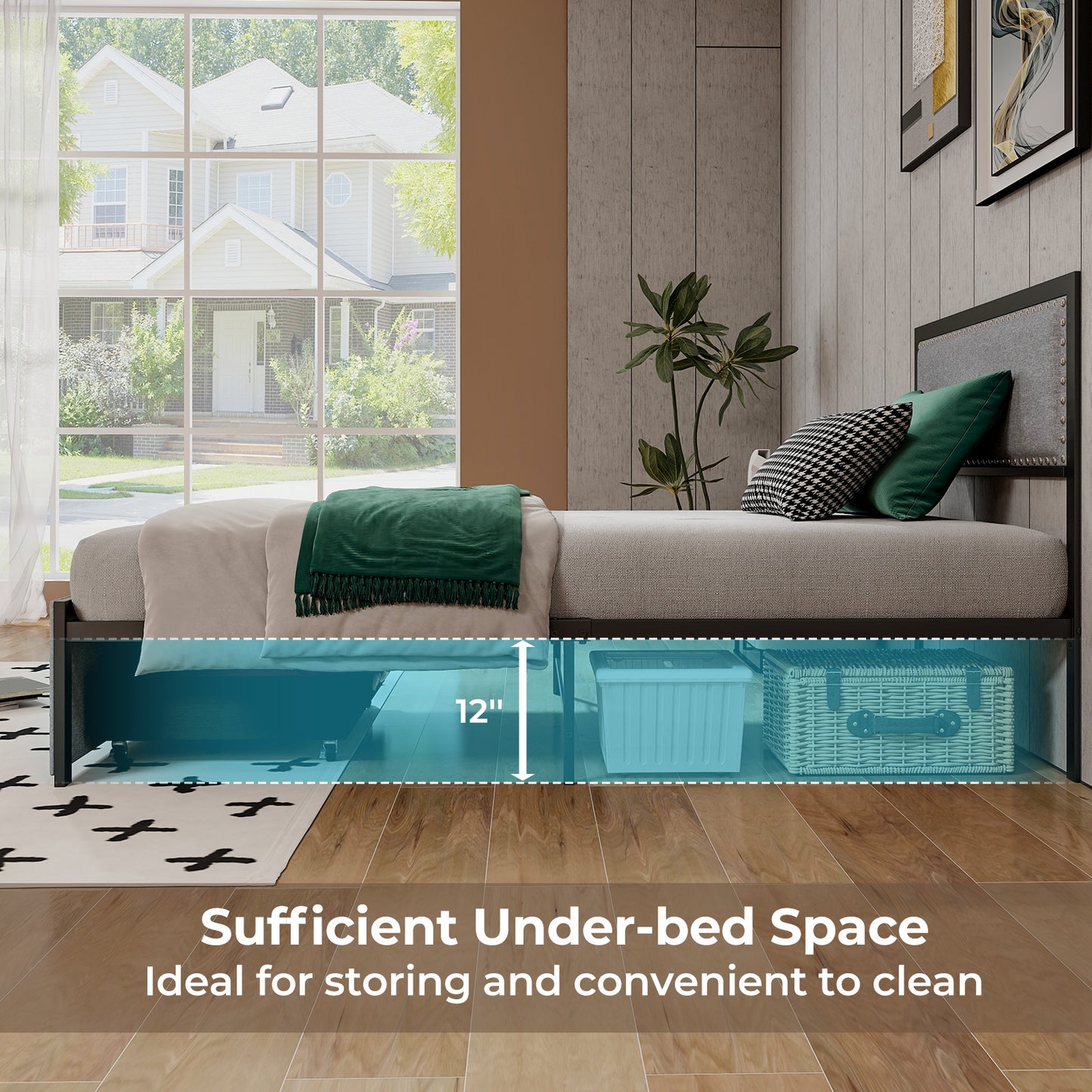 LED Light Bed Frame with Storage Drawer and Metal Slats - Twin Size