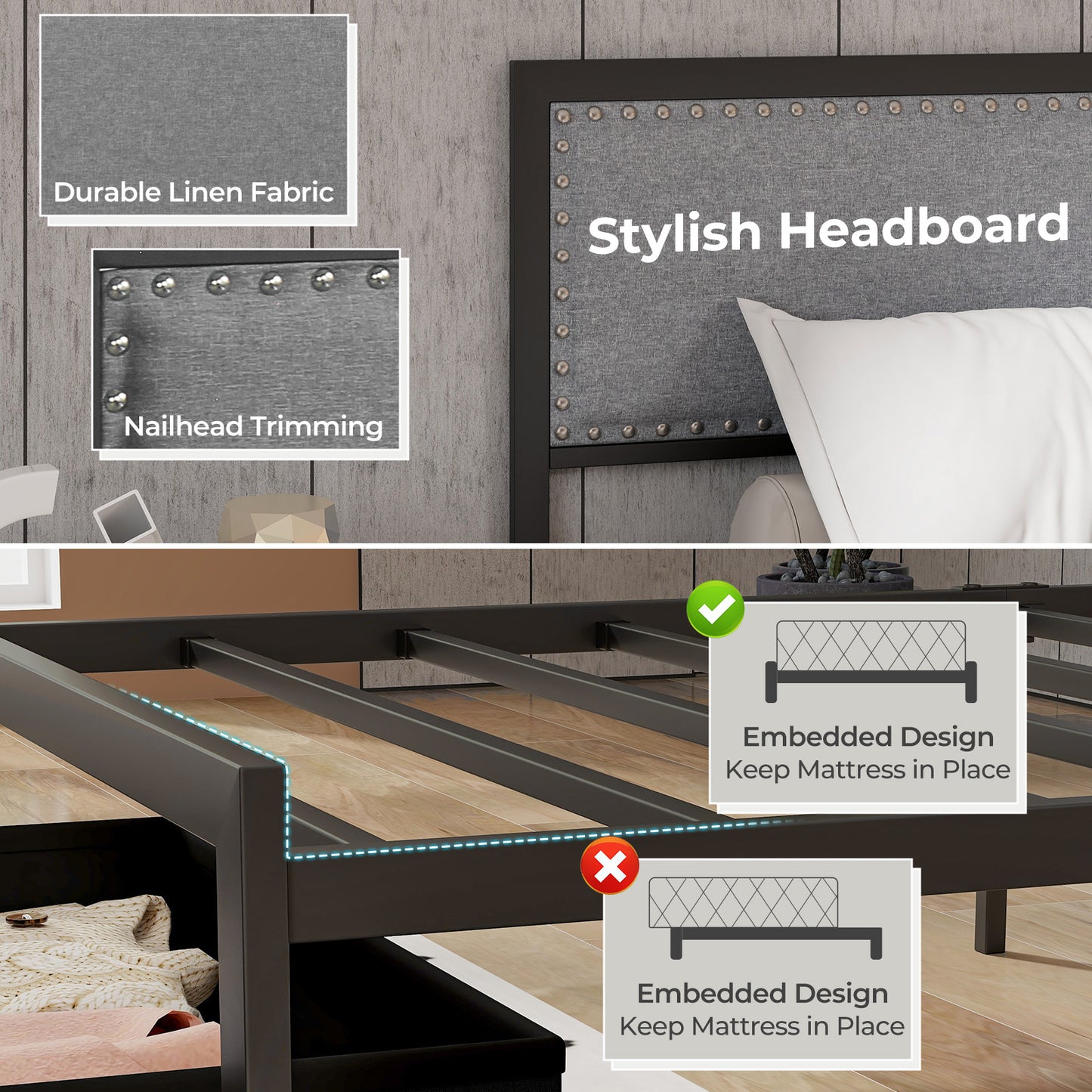 LED Light Bed Frame with Storage Drawer and Metal Slats - Twin Size