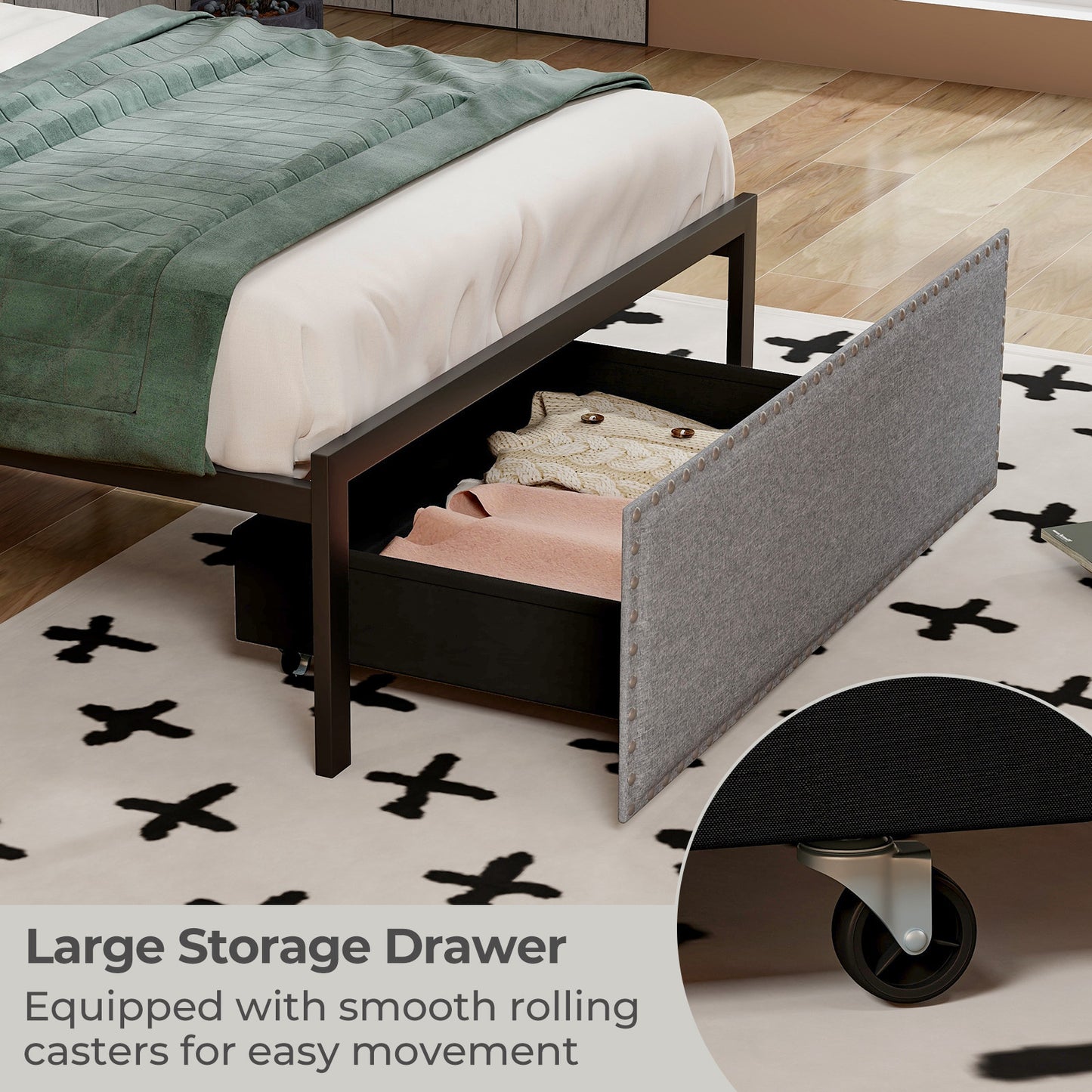 LED Light Bed Frame with Storage Drawer and Metal Slats - Twin Size