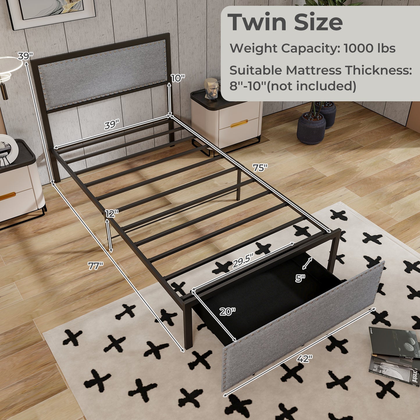 LED Light Bed Frame with Storage Drawer and Metal Slats - Twin Size