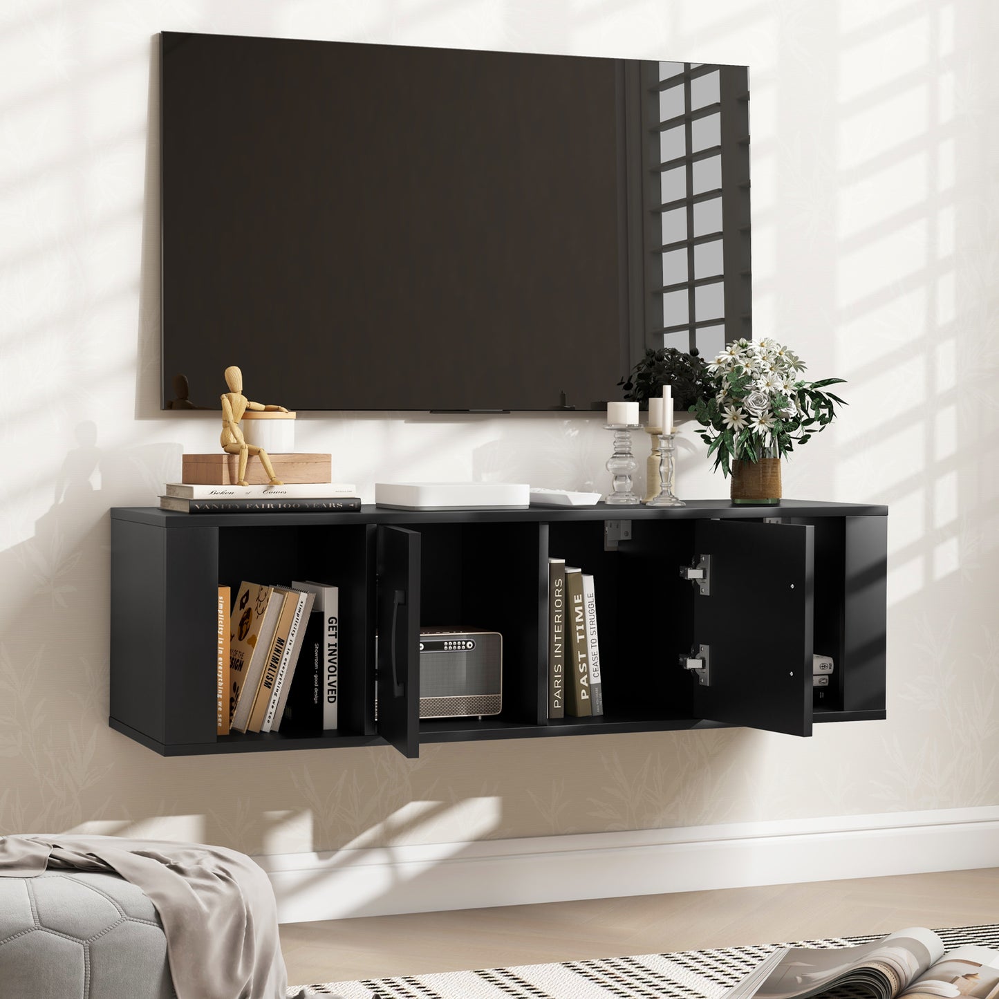 Modern Wall Mounted Storage Hutch with Dual Doors and Open Compartments - Black