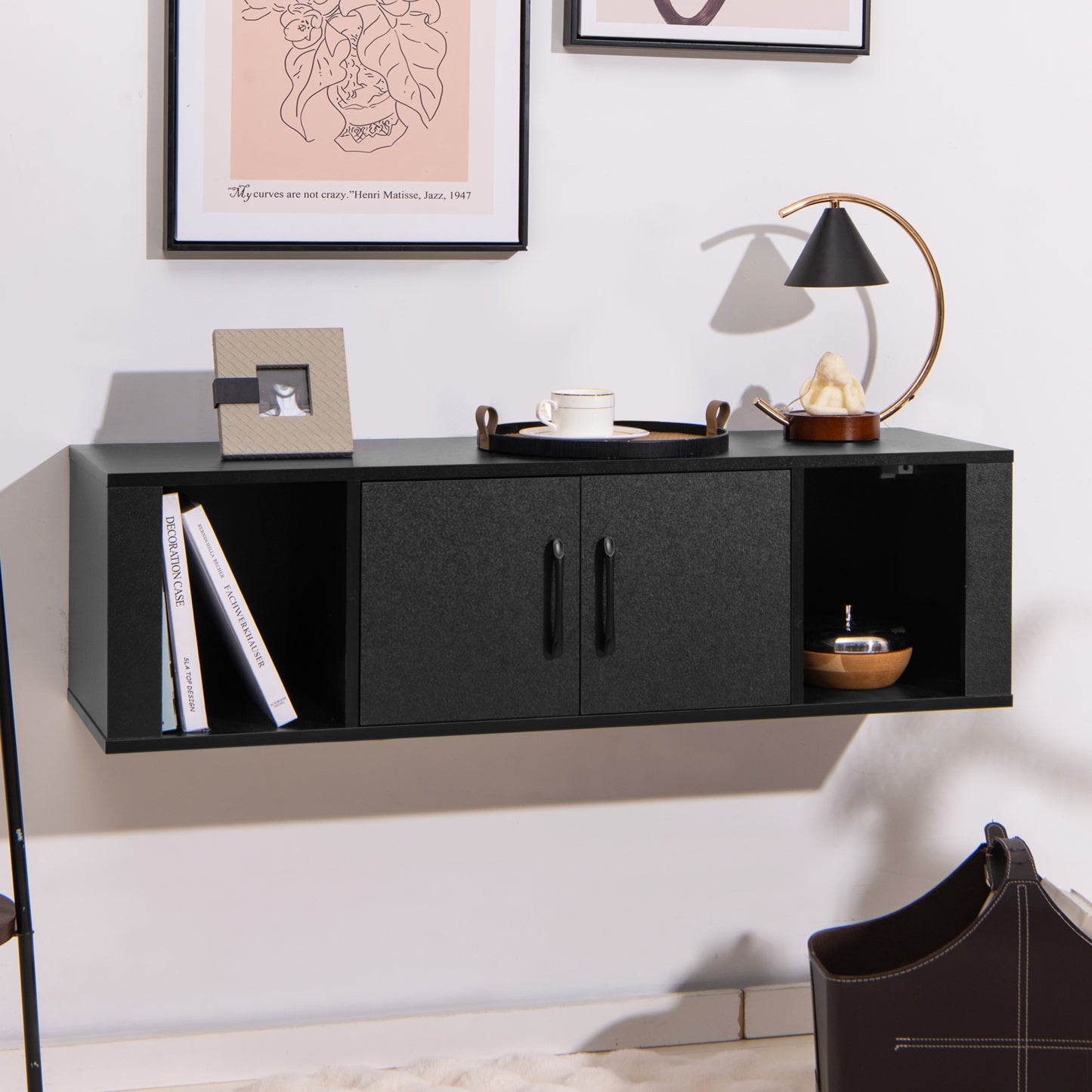 Modern Wall Mounted Storage Hutch with Dual Doors and Open Compartments - Black