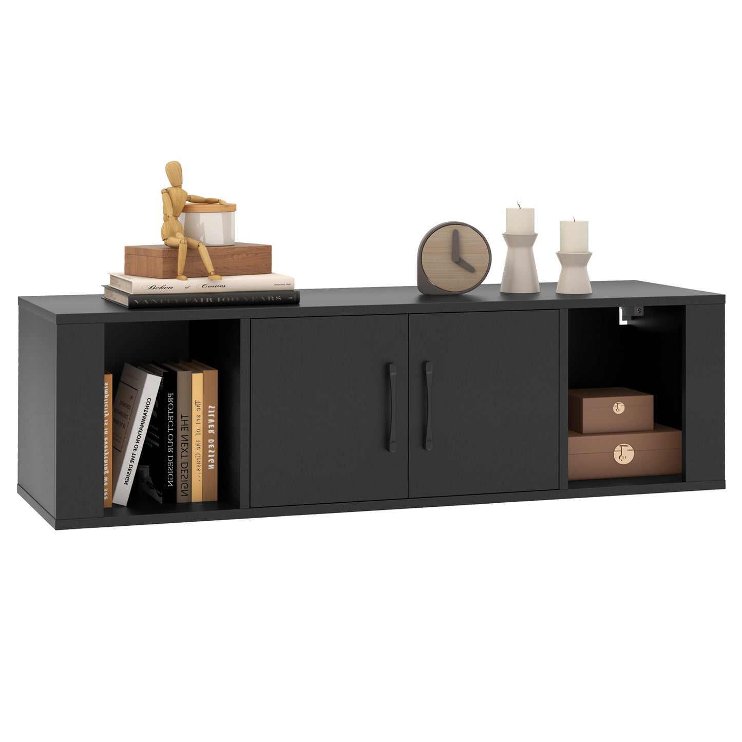 Modern Wall Mounted Storage Hutch with Dual Doors and Open Compartments - Black