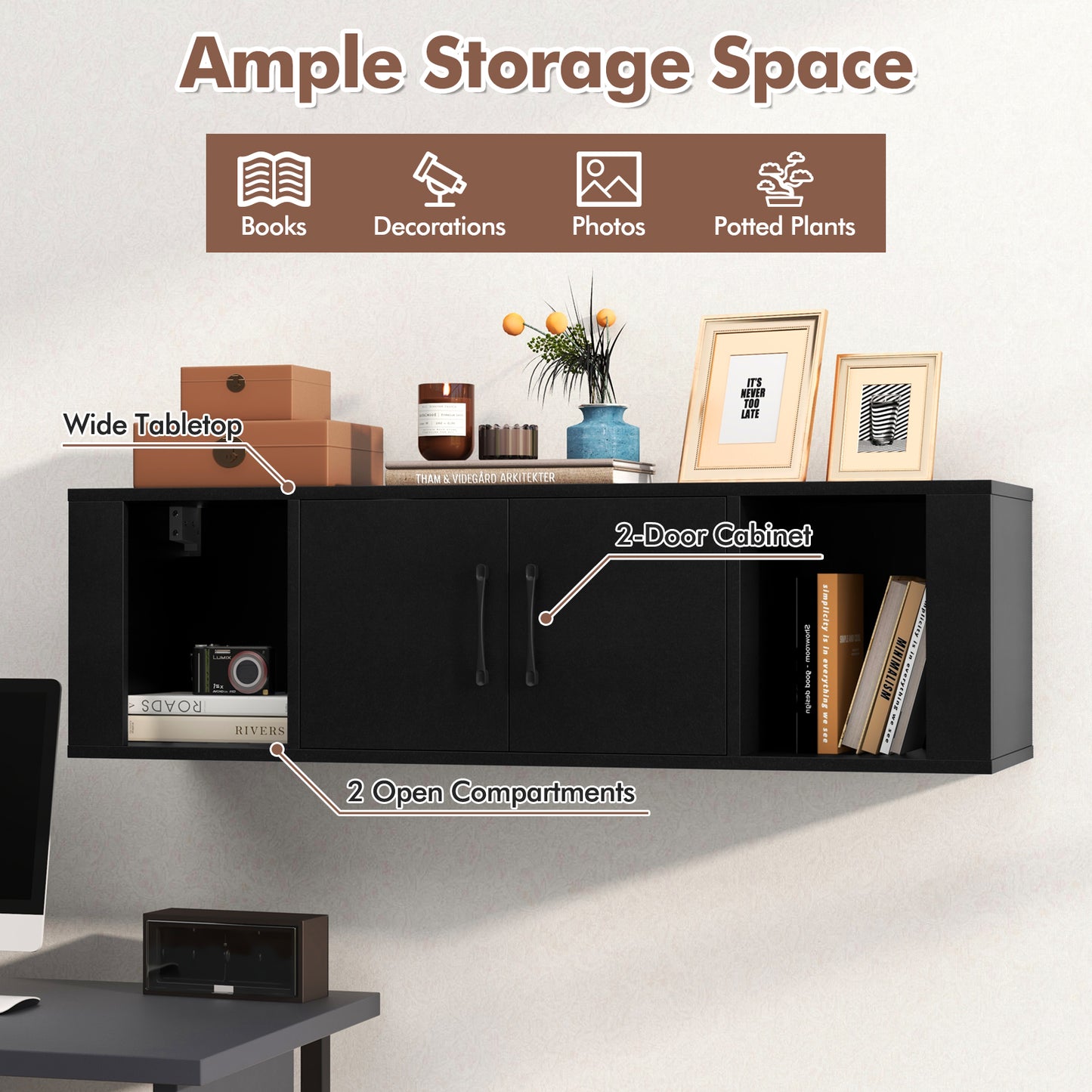 Modern Wall Mounted Storage Hutch with Dual Doors and Open Compartments - Black