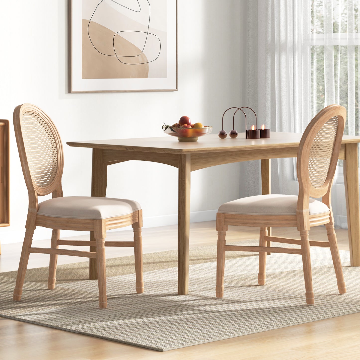 French Style Dining Chair Set of 2 with Hand-Woven Rattan Backrest and Solid Rubber Wood Frame