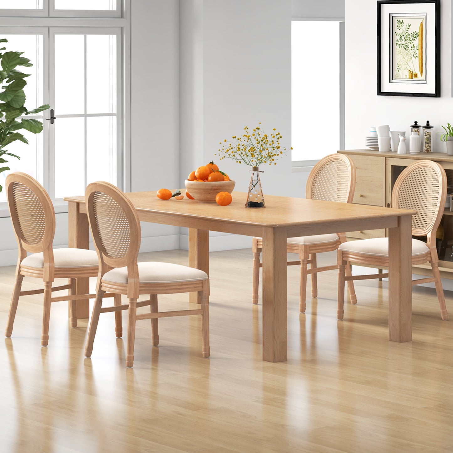 French Style Dining Chair Set of 2 with Hand-Woven Rattan Backrest and Solid Rubber Wood Frame