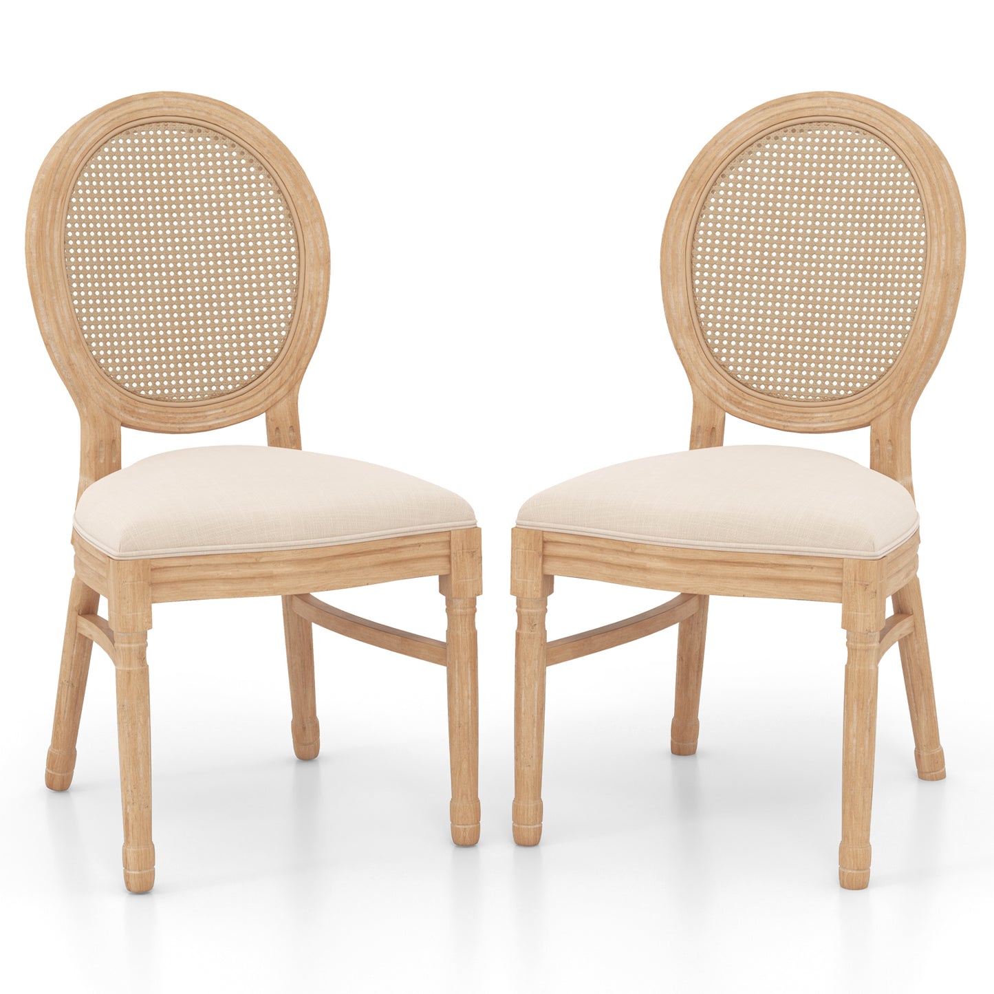 French Style Dining Chair Set of 2 with Hand-Woven Rattan Backrest and Solid Rubber Wood Frame