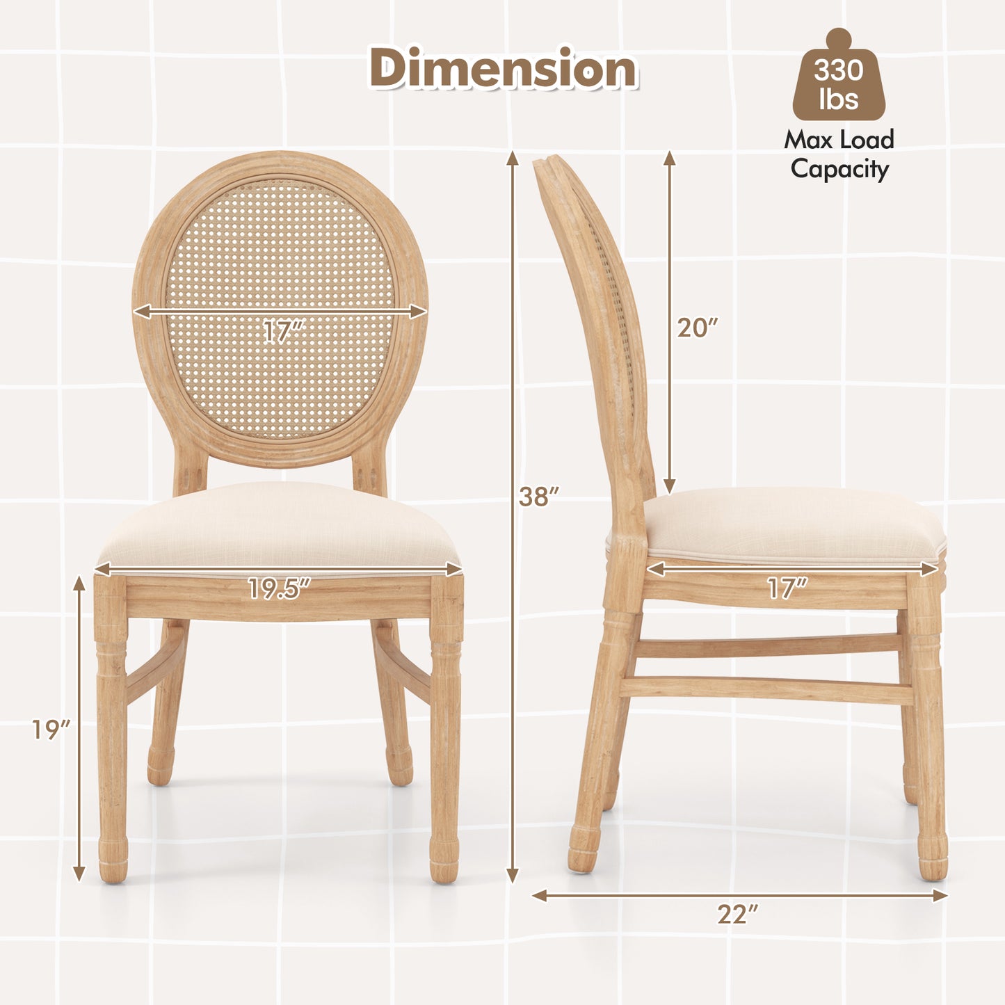French Style Dining Chair Set of 2 with Hand-Woven Rattan Backrest and Solid Rubber Wood Frame