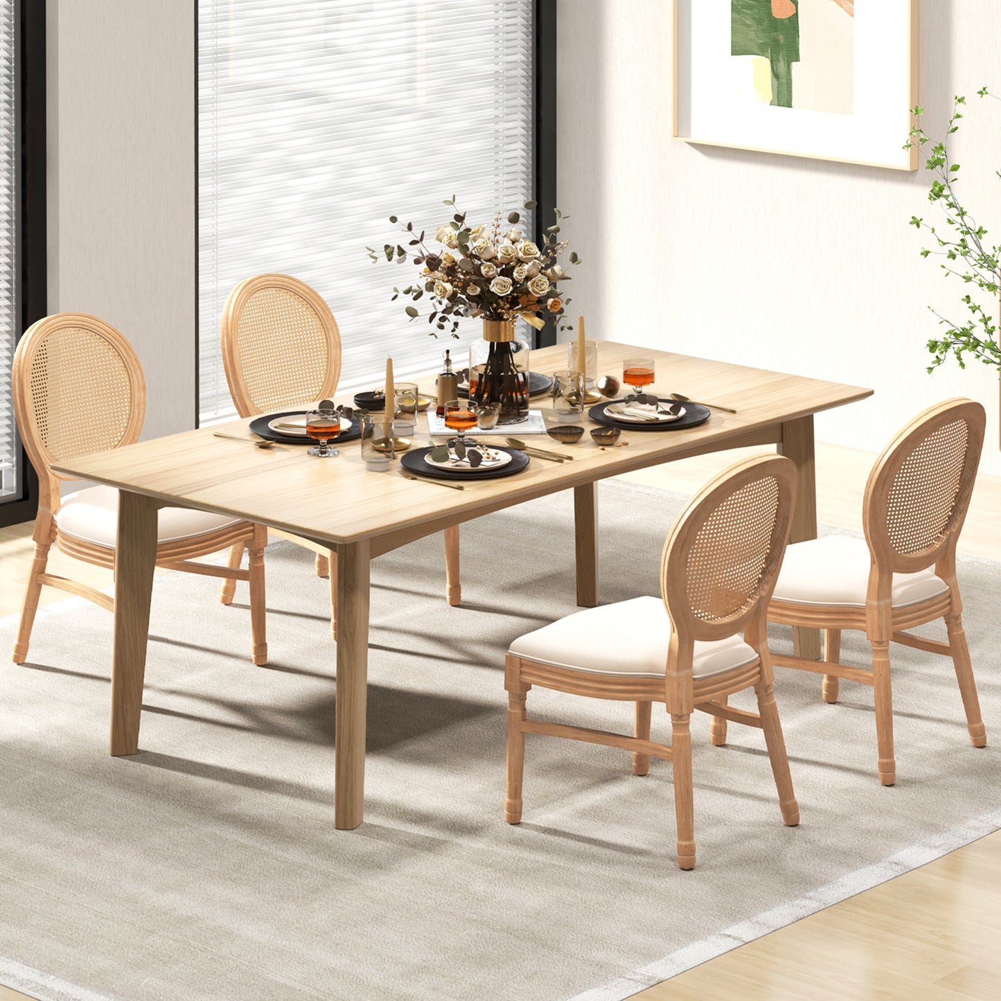 French Style Dining Chair Set of 2 with Hand-Woven Rattan Backrest and Solid Rubber Wood Frame