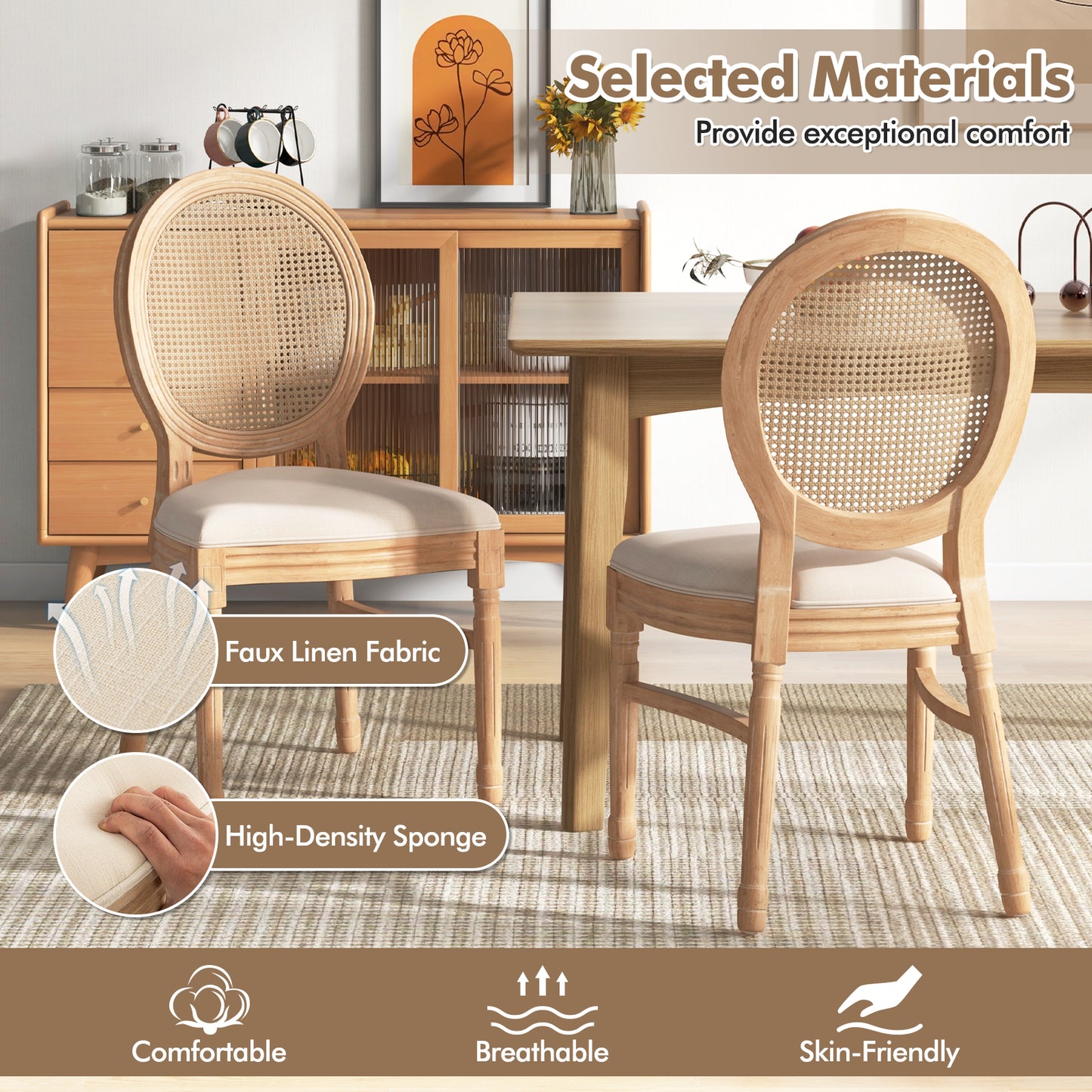 French Style Dining Chair Set of 2 with Hand-Woven Rattan Backrest and Solid Rubber Wood Frame