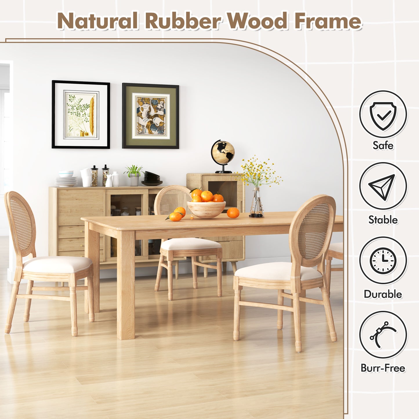 French Style Dining Chair Set of 2 with Hand-Woven Rattan Backrest and Solid Rubber Wood Frame