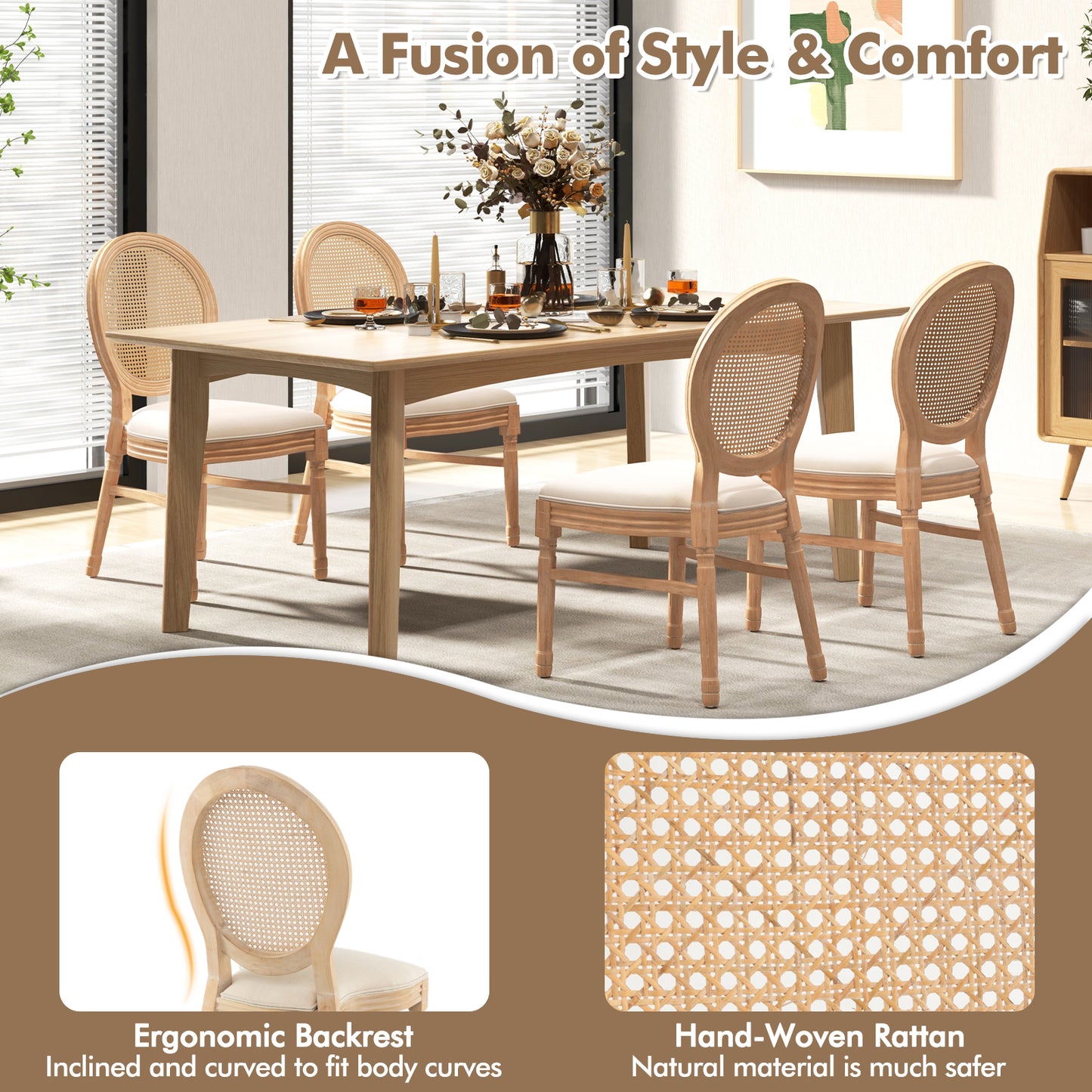 French Style Dining Chair Set of 2 with Hand-Woven Rattan Backrest and Solid Rubber Wood Frame