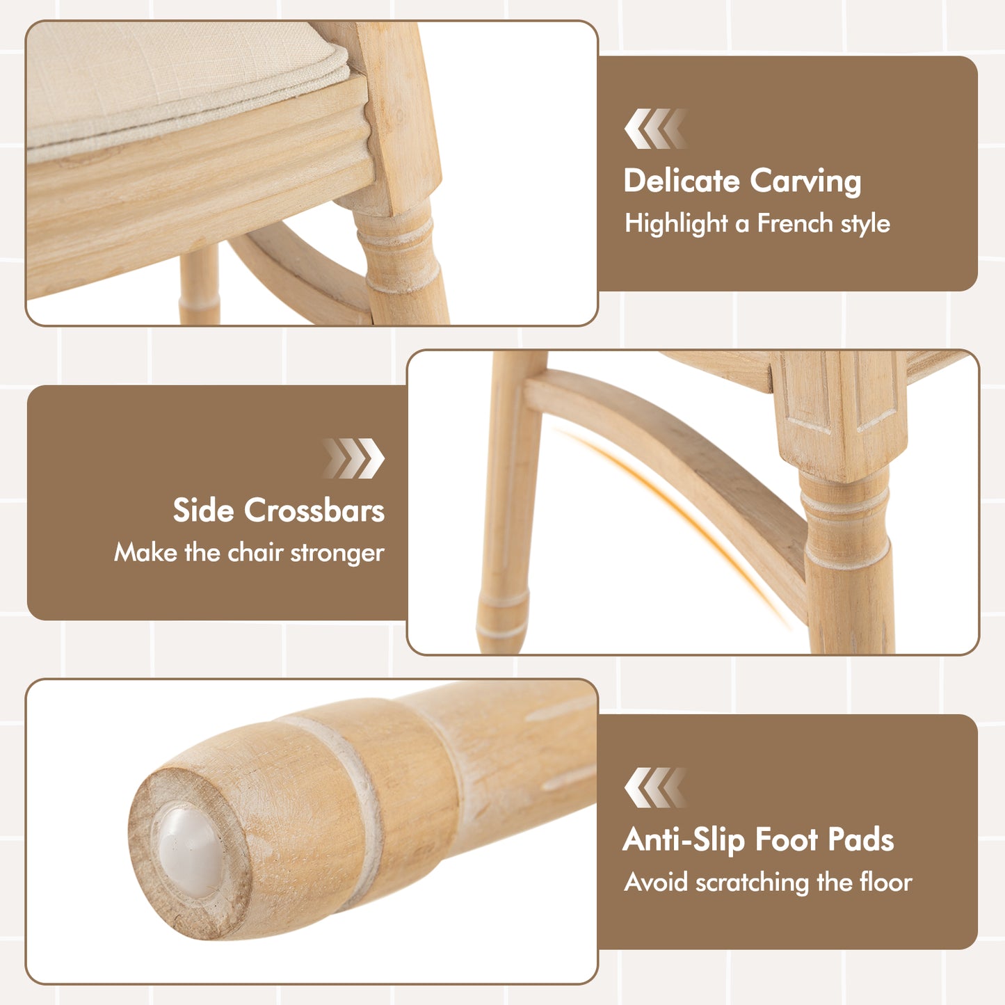 French Style Dining Chair Set of 2 with Hand-Woven Rattan Backrest and Solid Rubber Wood Frame