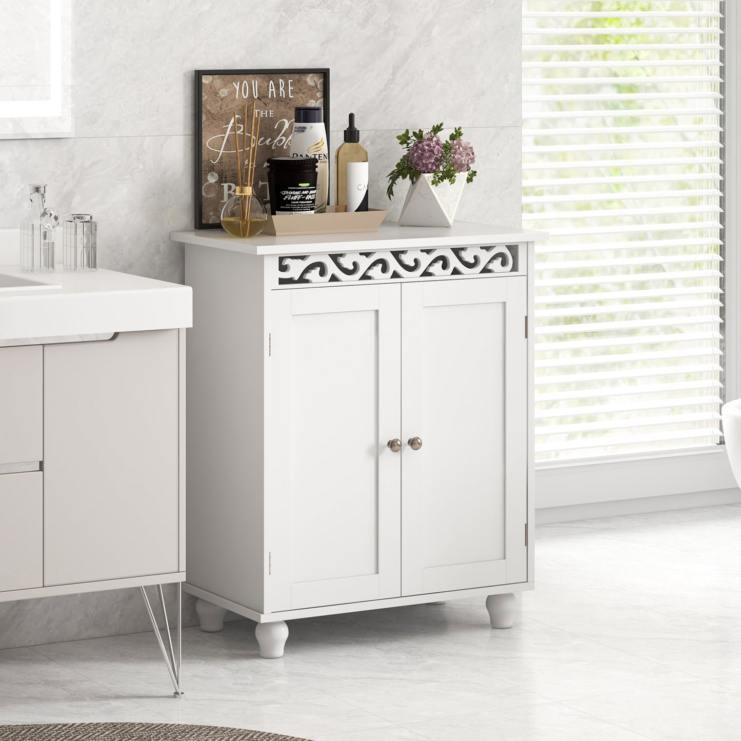 Freestanding Bathroom Storage Cabinet with Adjustable Shelf & Wood Legs