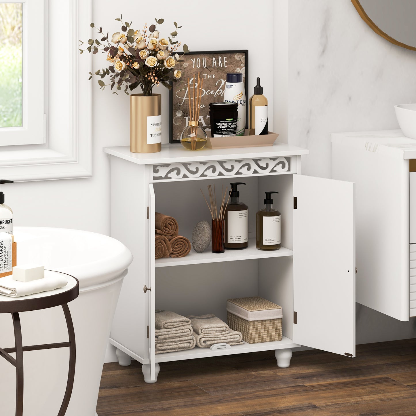 Freestanding Bathroom Storage Cabinet with Adjustable Shelf & Wood Legs