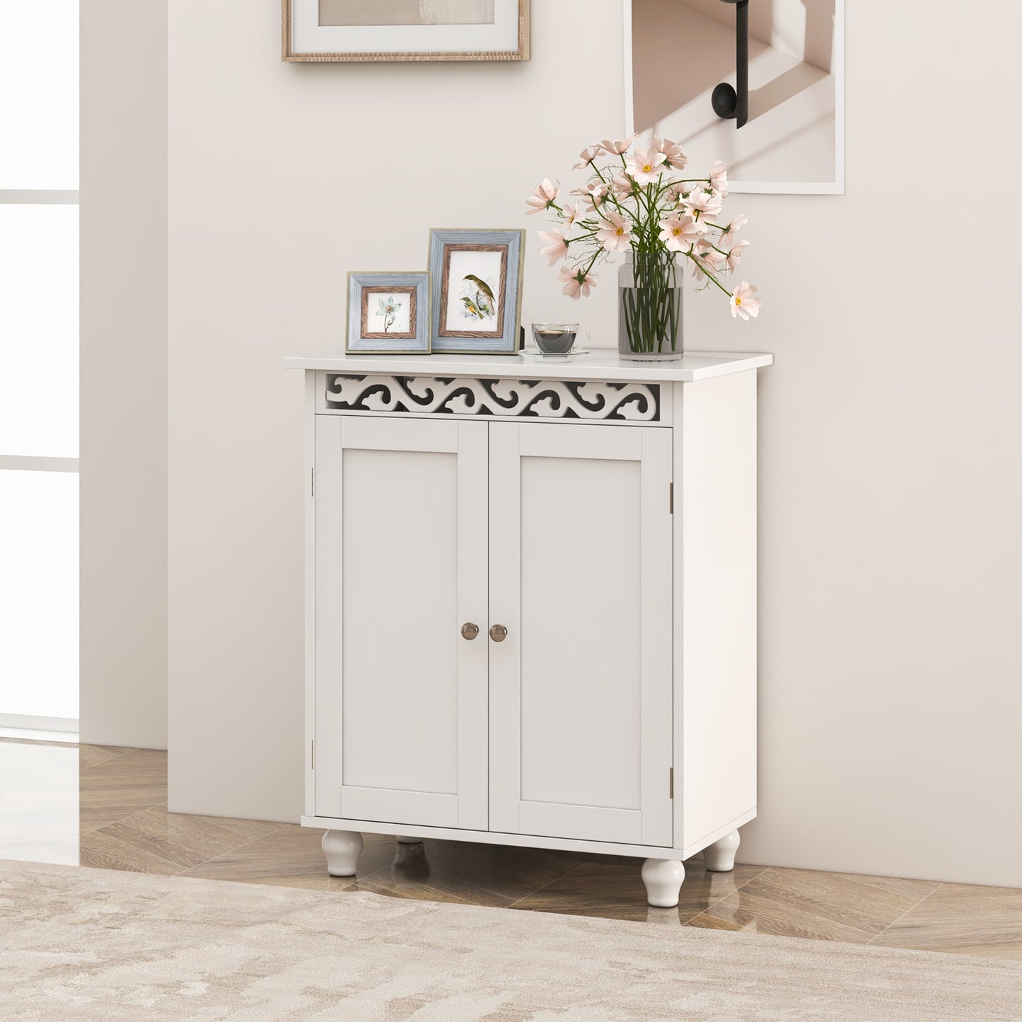 Freestanding Bathroom Storage Cabinet with Adjustable Shelf & Wood Legs