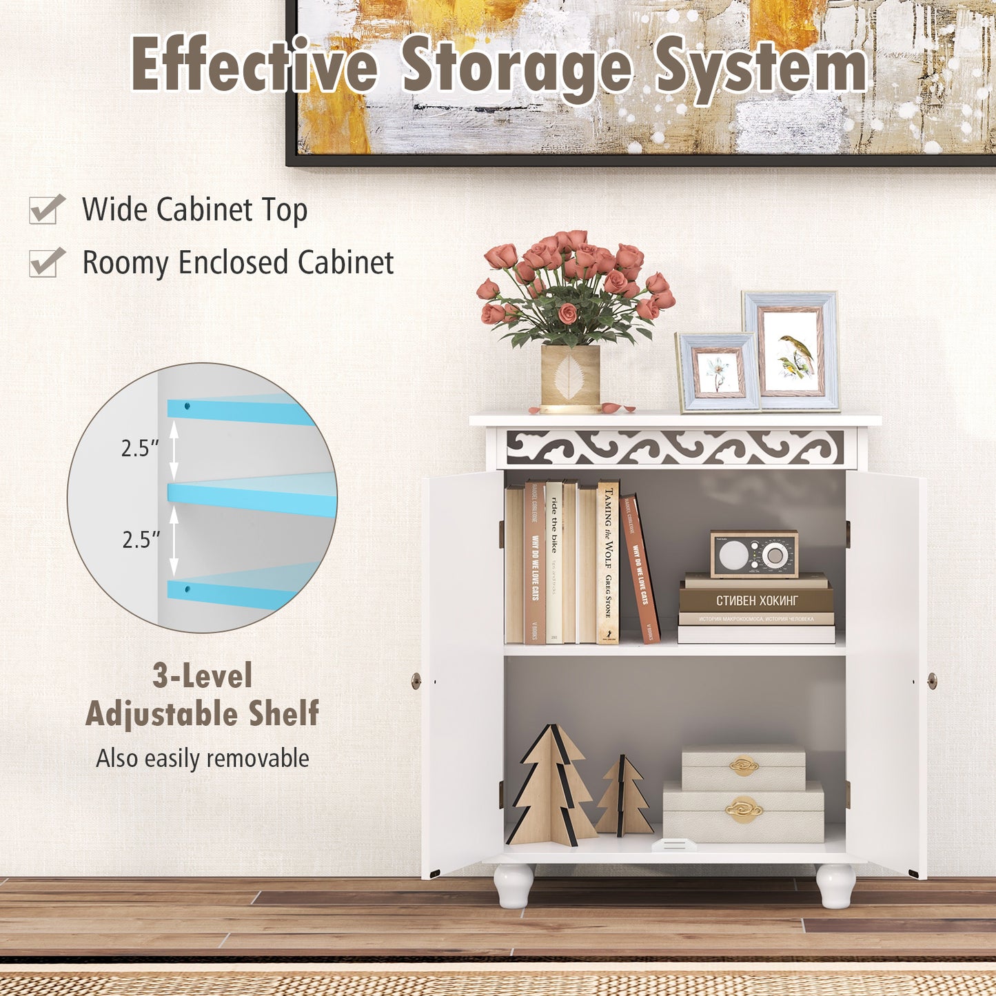 Freestanding Bathroom Storage Cabinet with Adjustable Shelf & Wood Legs