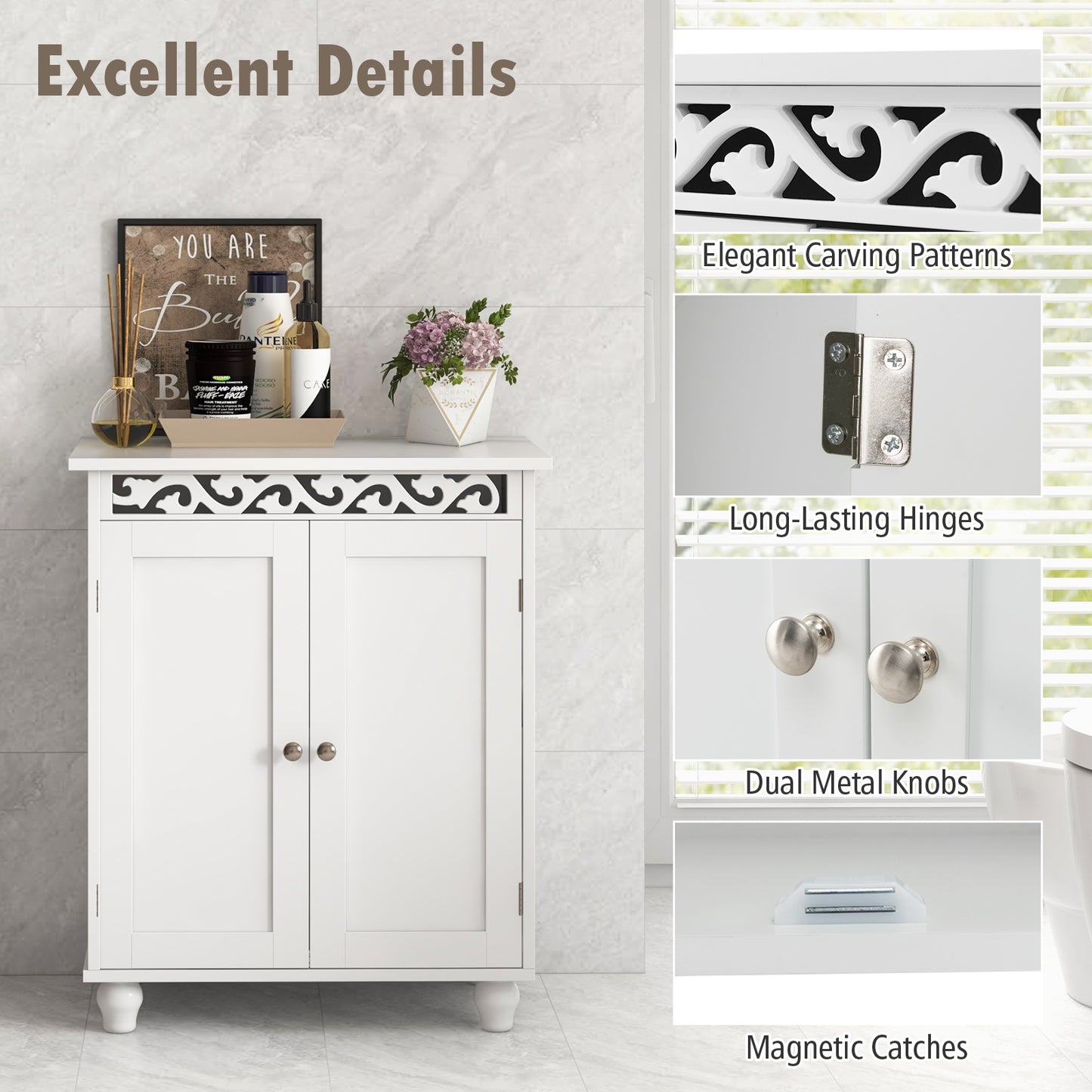 Freestanding Bathroom Storage Cabinet with Adjustable Shelf & Wood Legs