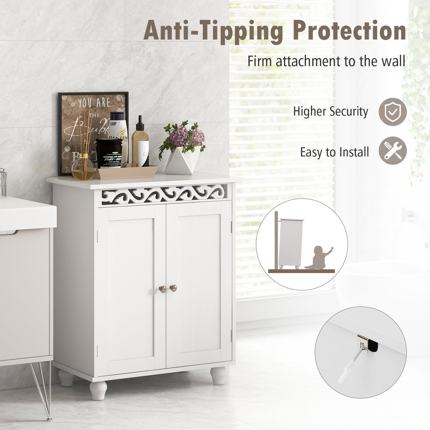 Freestanding Bathroom Storage Cabinet with Adjustable Shelf & Wood Legs