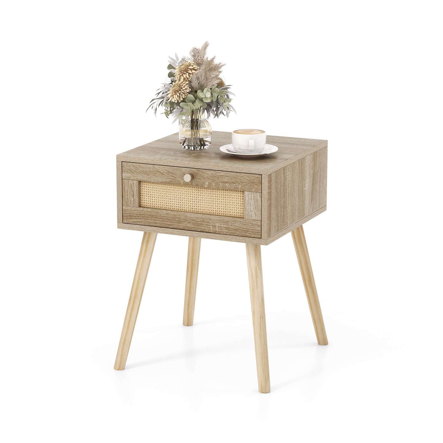Natural Wood Nightstand with Rattan Drawer and Tapered Legs for Modern Interiors
