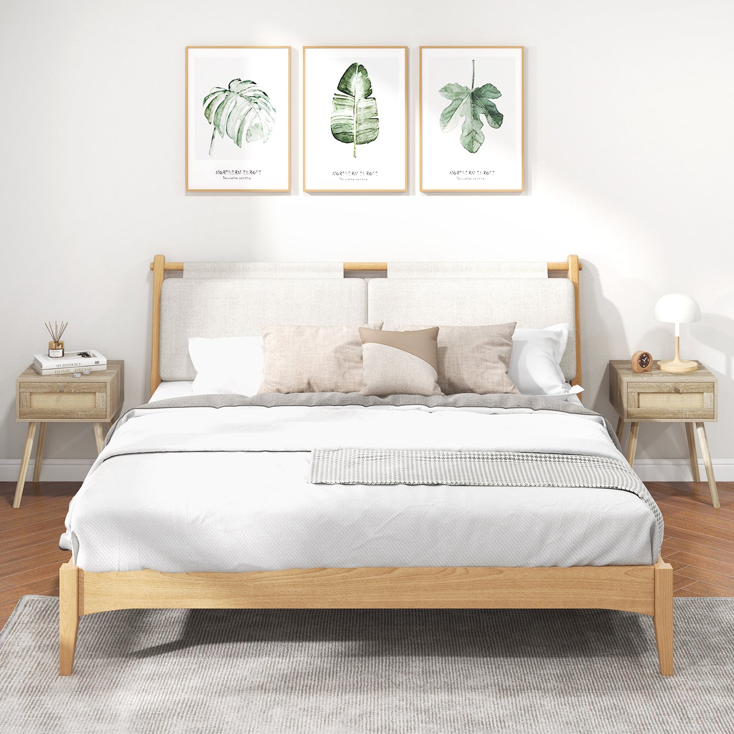 Natural Wood Nightstand with Rattan Drawer and Tapered Legs for Modern Interiors