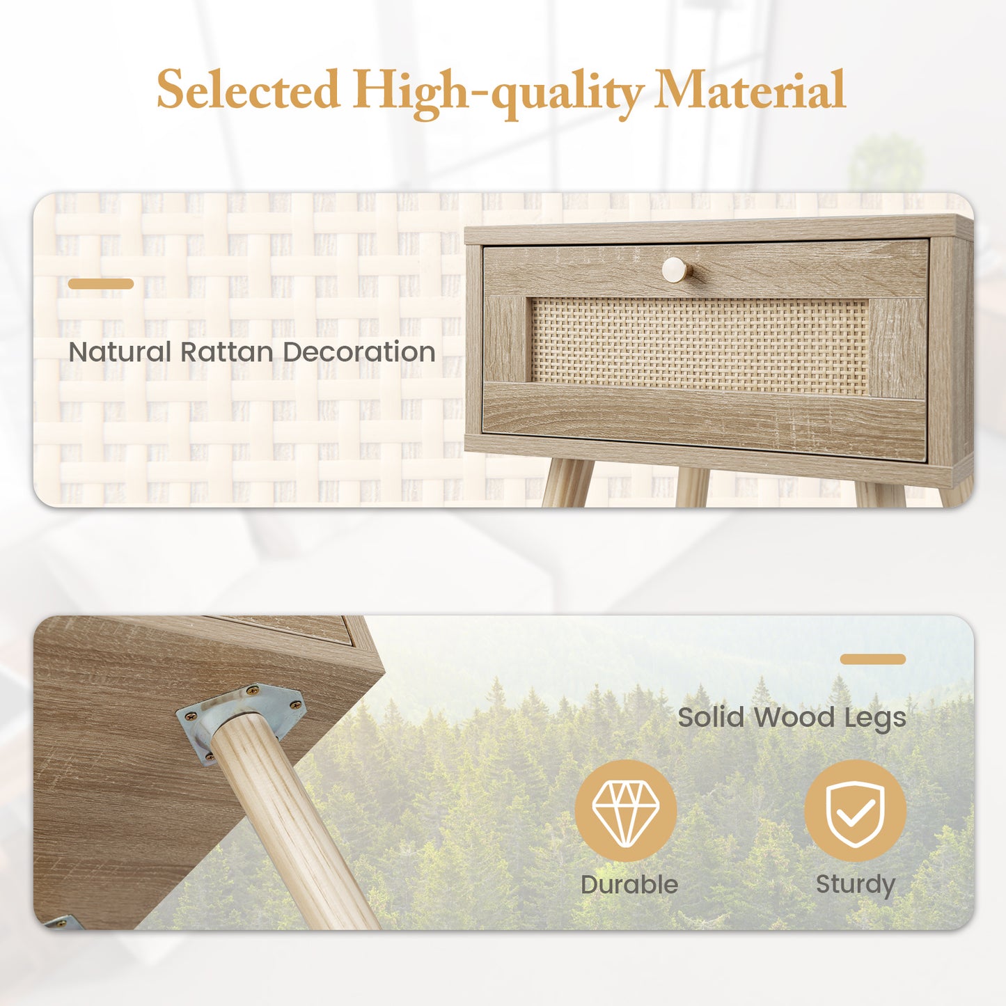 Natural Wood Nightstand with Rattan Drawer and Tapered Legs for Modern Interiors