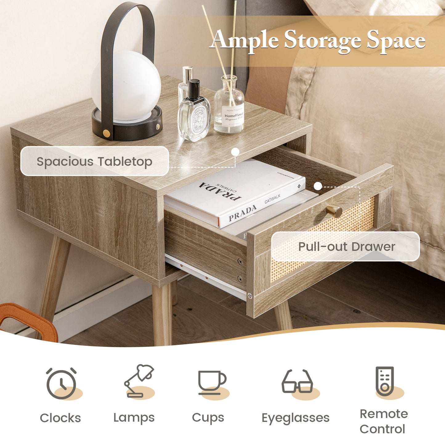 Natural Wood Nightstand with Rattan Drawer and Tapered Legs for Modern Interiors