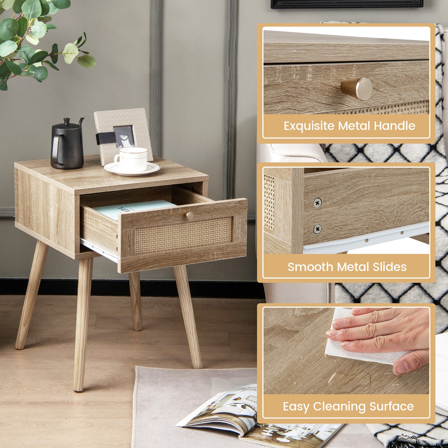 Natural Wood Nightstand with Rattan Drawer and Tapered Legs for Modern Interiors