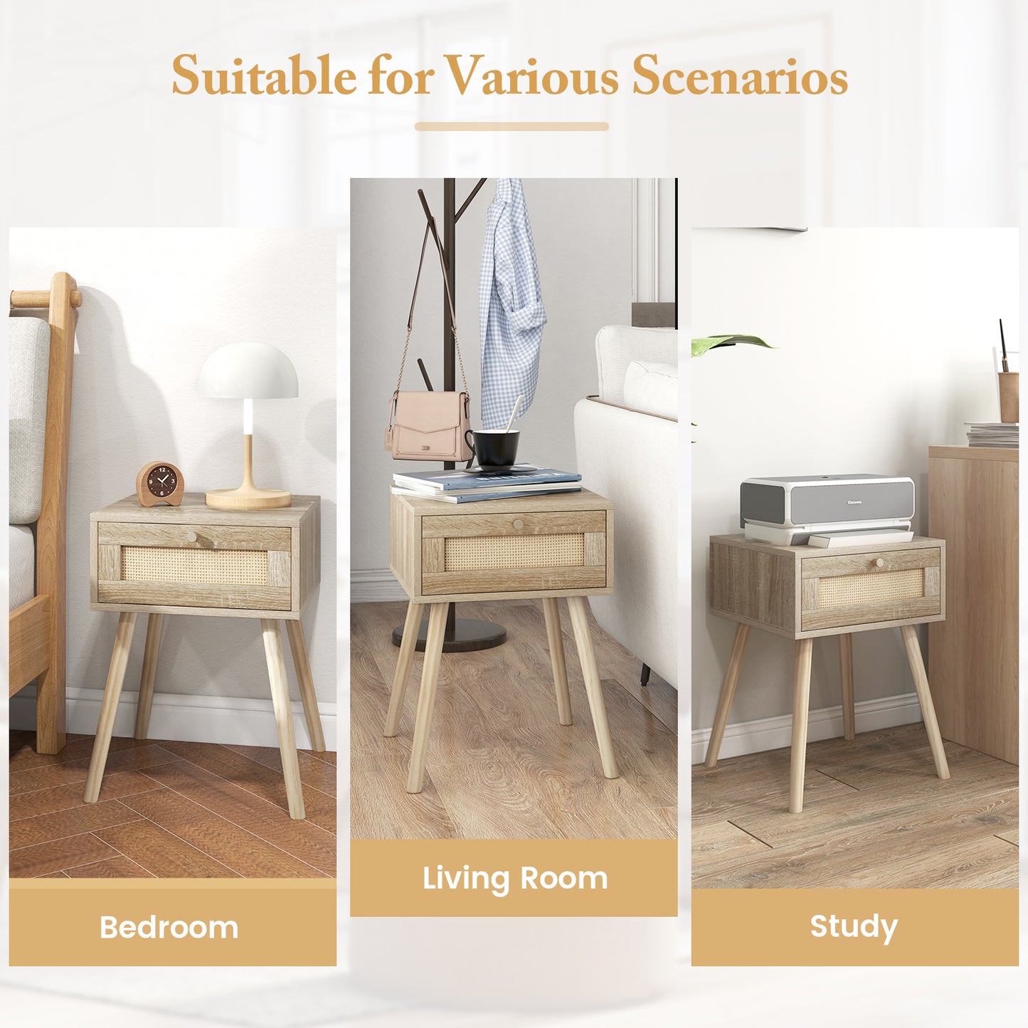 Natural Wood Nightstand with Rattan Drawer and Tapered Legs for Modern Interiors