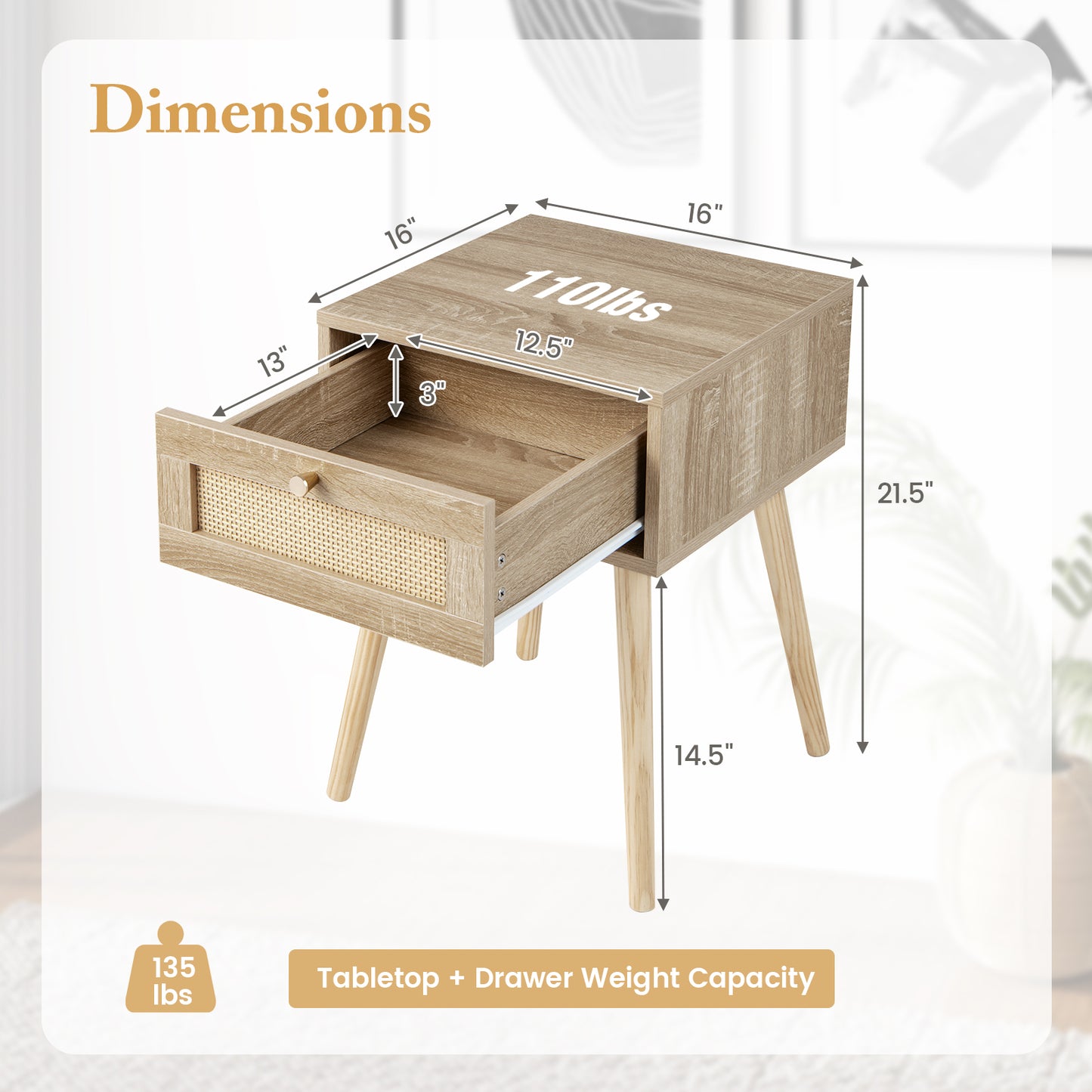 Natural Wood Nightstand with Rattan Drawer and Tapered Legs for Modern Interiors