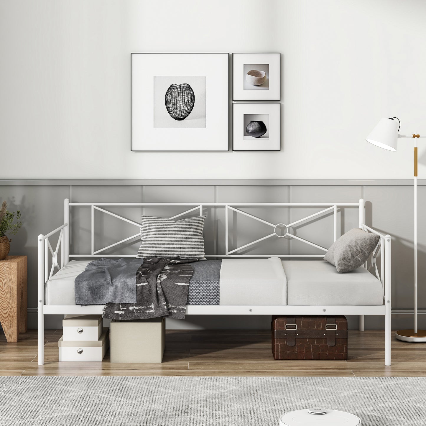 Twin Size Metal Daybed Frame with Steel Slats and Decorative Headboard for Sofa or Guest Bed Use – White