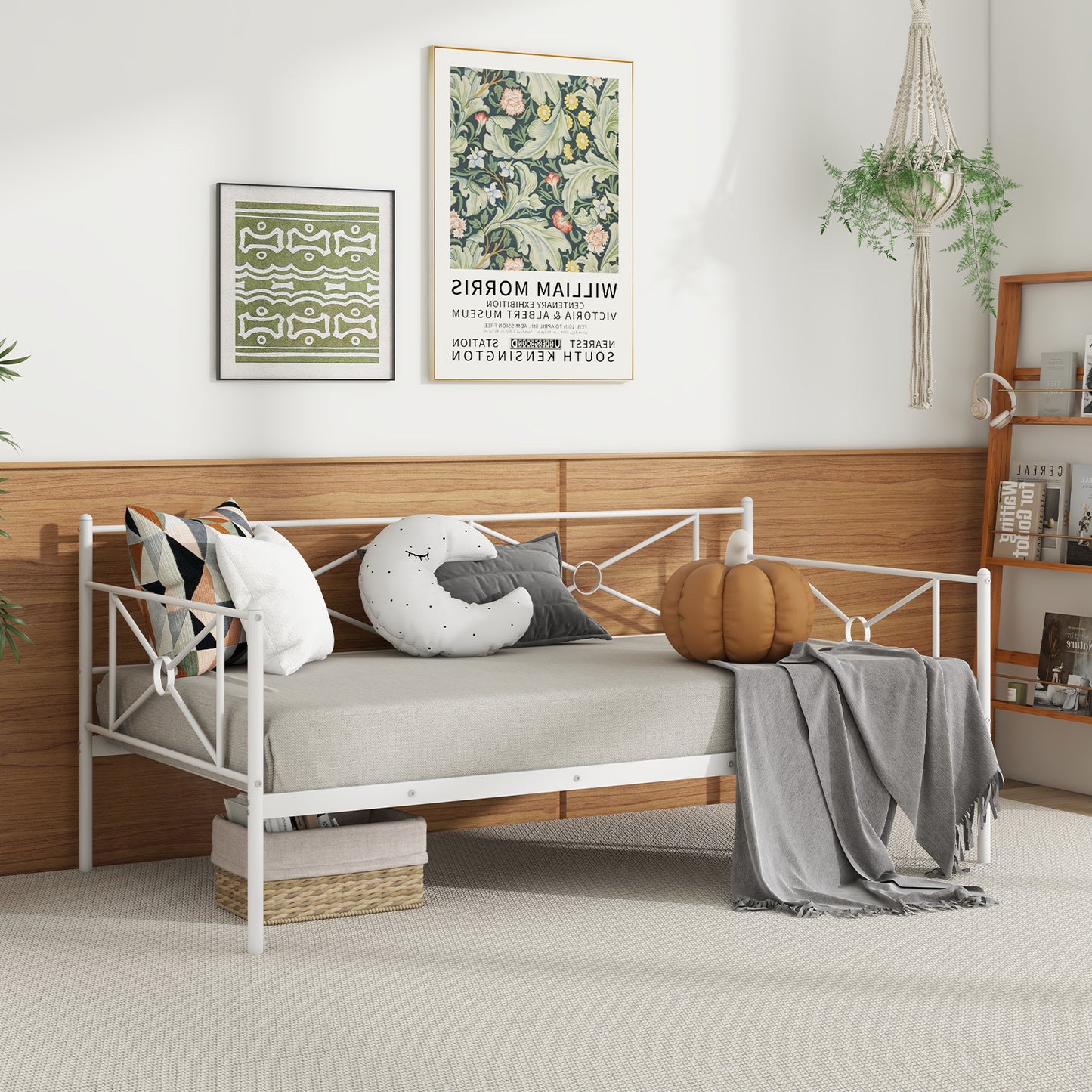 Twin Size Metal Daybed Frame with Steel Slats and Decorative Headboard for Sofa or Guest Bed Use – White