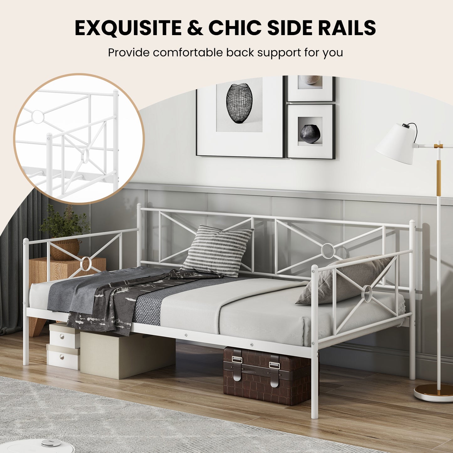 Twin Size Metal Daybed Frame with Steel Slats and Decorative Headboard for Sofa or Guest Bed Use – White