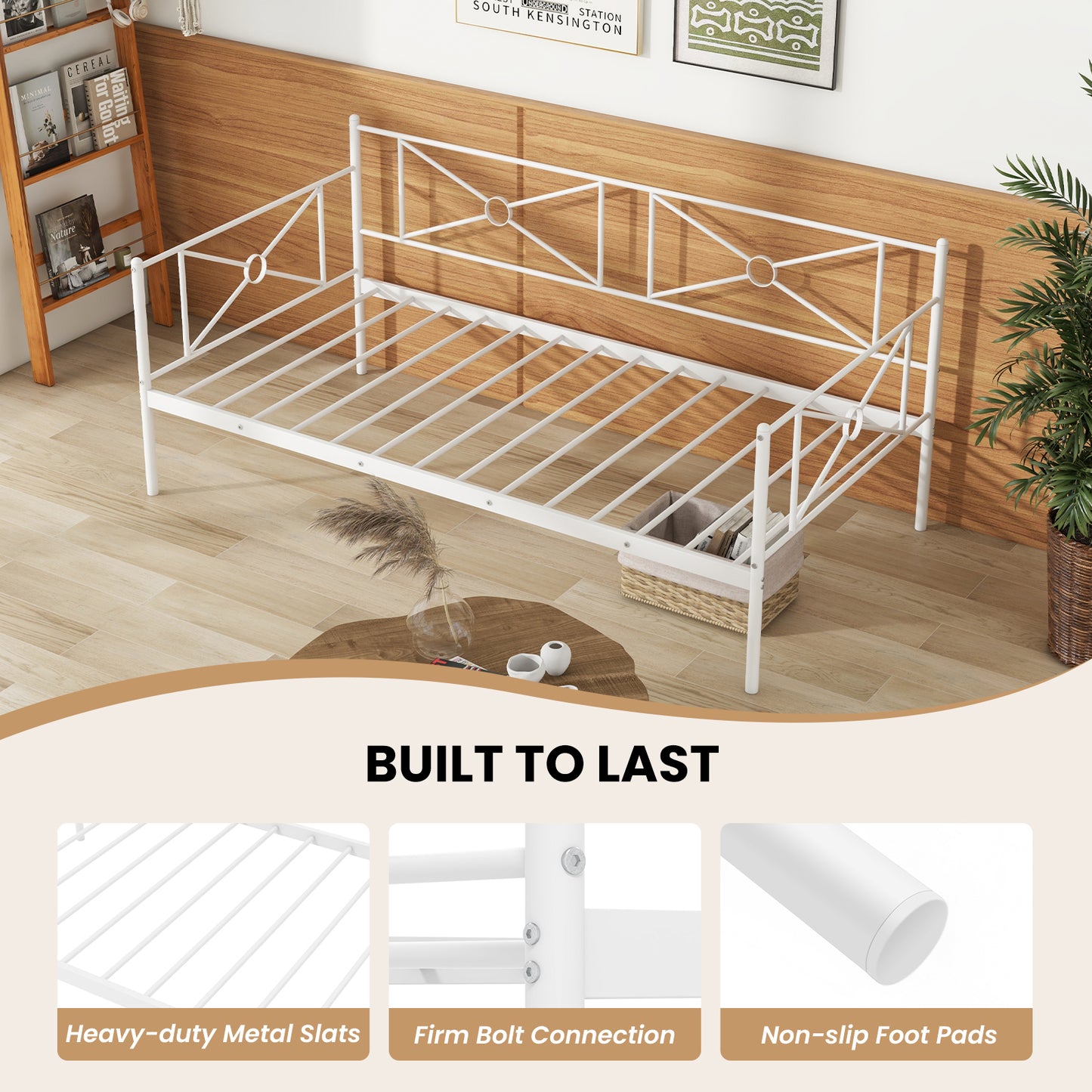 Twin Size Metal Daybed Frame with Steel Slats and Decorative Headboard for Sofa or Guest Bed Use – White
