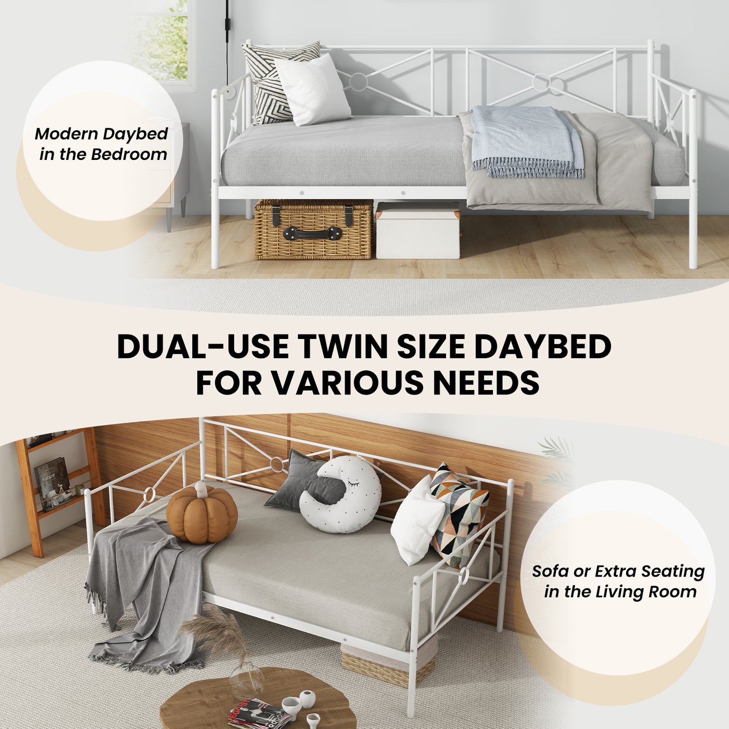 Twin Size Metal Daybed Frame with Steel Slats and Decorative Headboard for Sofa or Guest Bed Use – White