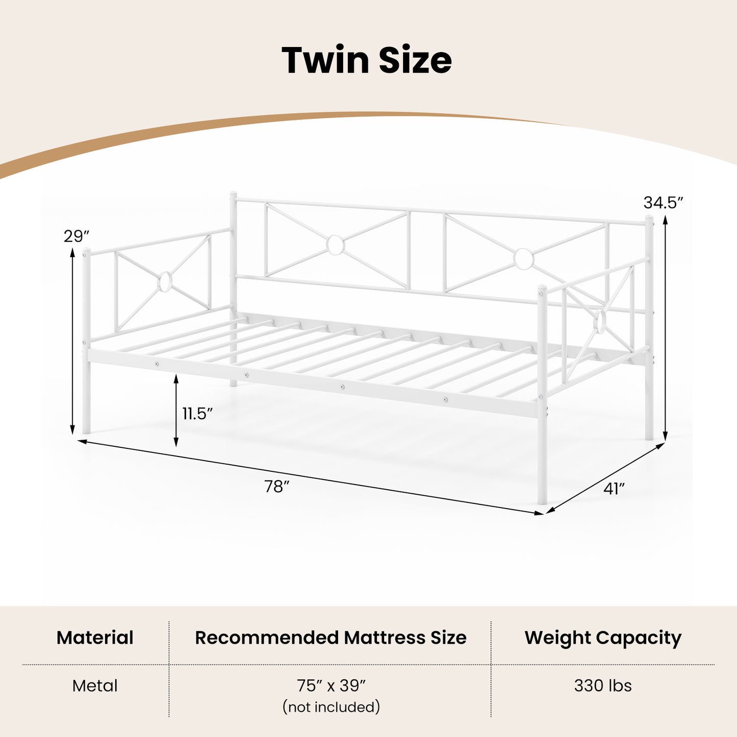 Twin Size Metal Daybed Frame with Steel Slats and Decorative Headboard for Sofa or Guest Bed Use – White