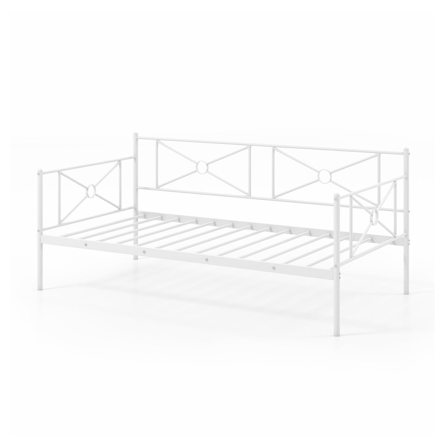 Twin Size Metal Daybed Frame with Steel Slats and Decorative Headboard for Sofa or Guest Bed Use – White