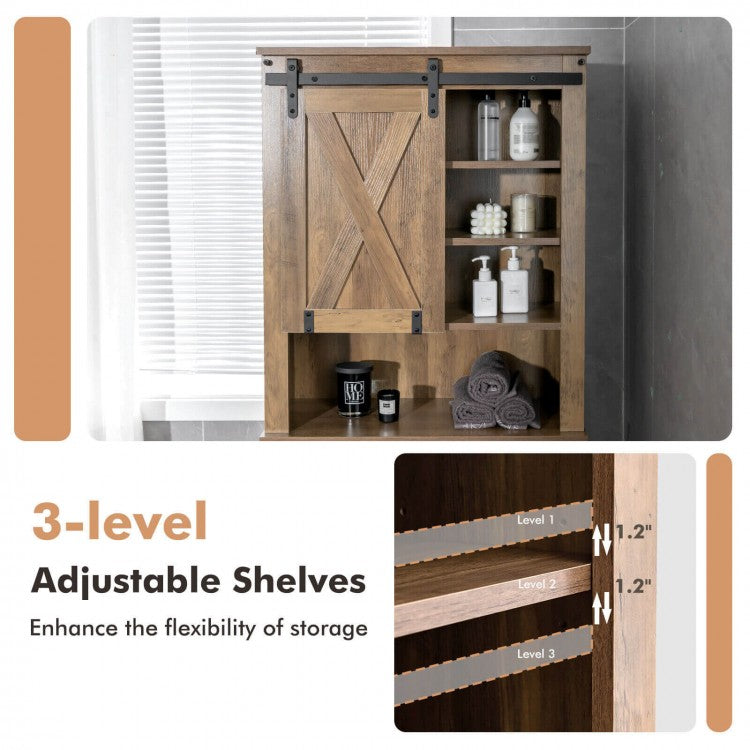 Rustic Bathroom Storage Cabinet with Sliding Barn Door & Adjustable Shelves